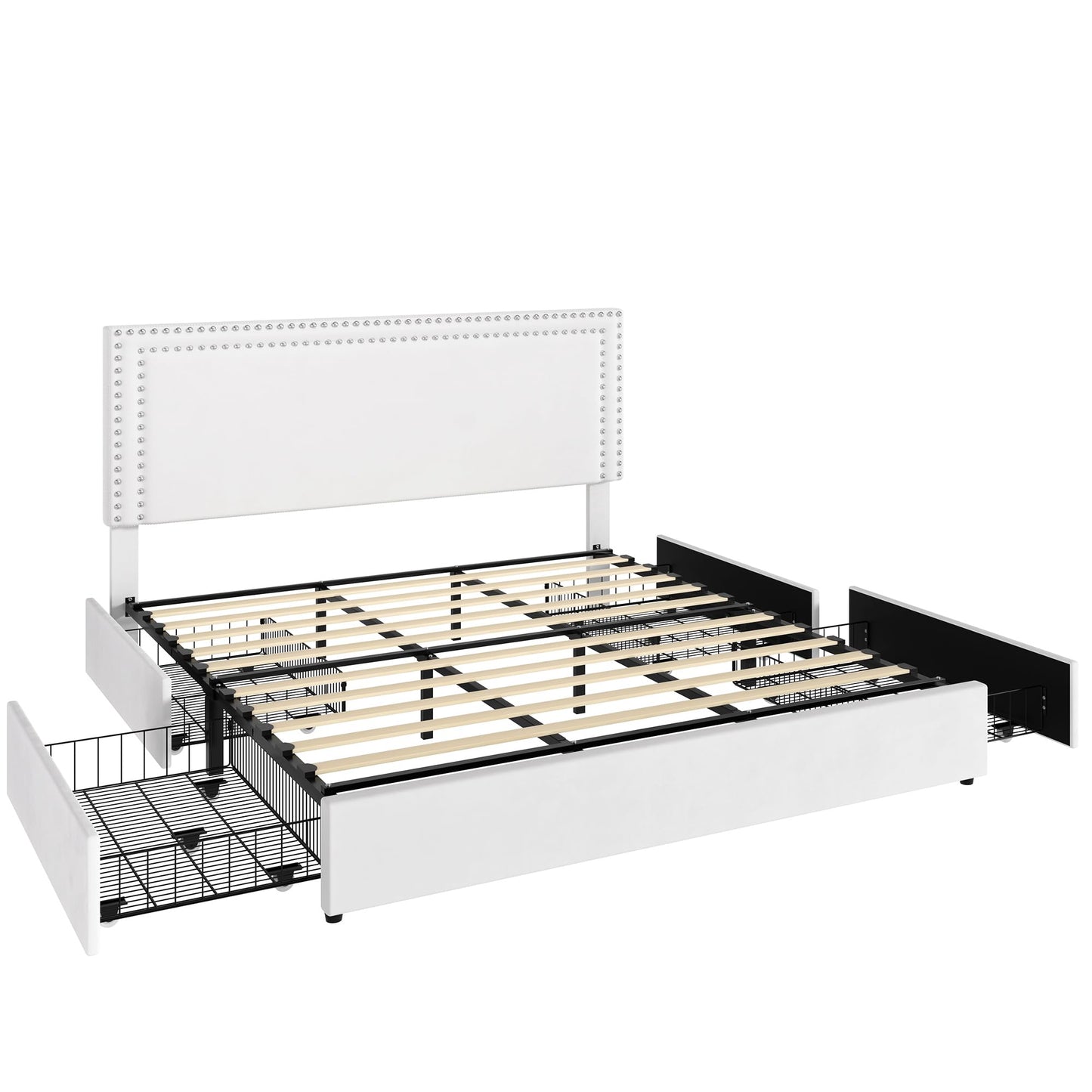 VECELO King Size Upholstered Platform Bed Frame with 4 Storage Drawers, Adjustable Velvet Rivet Decor Headboard, Wooden Slats Support, No Box Spring Needed, Easy Assembly