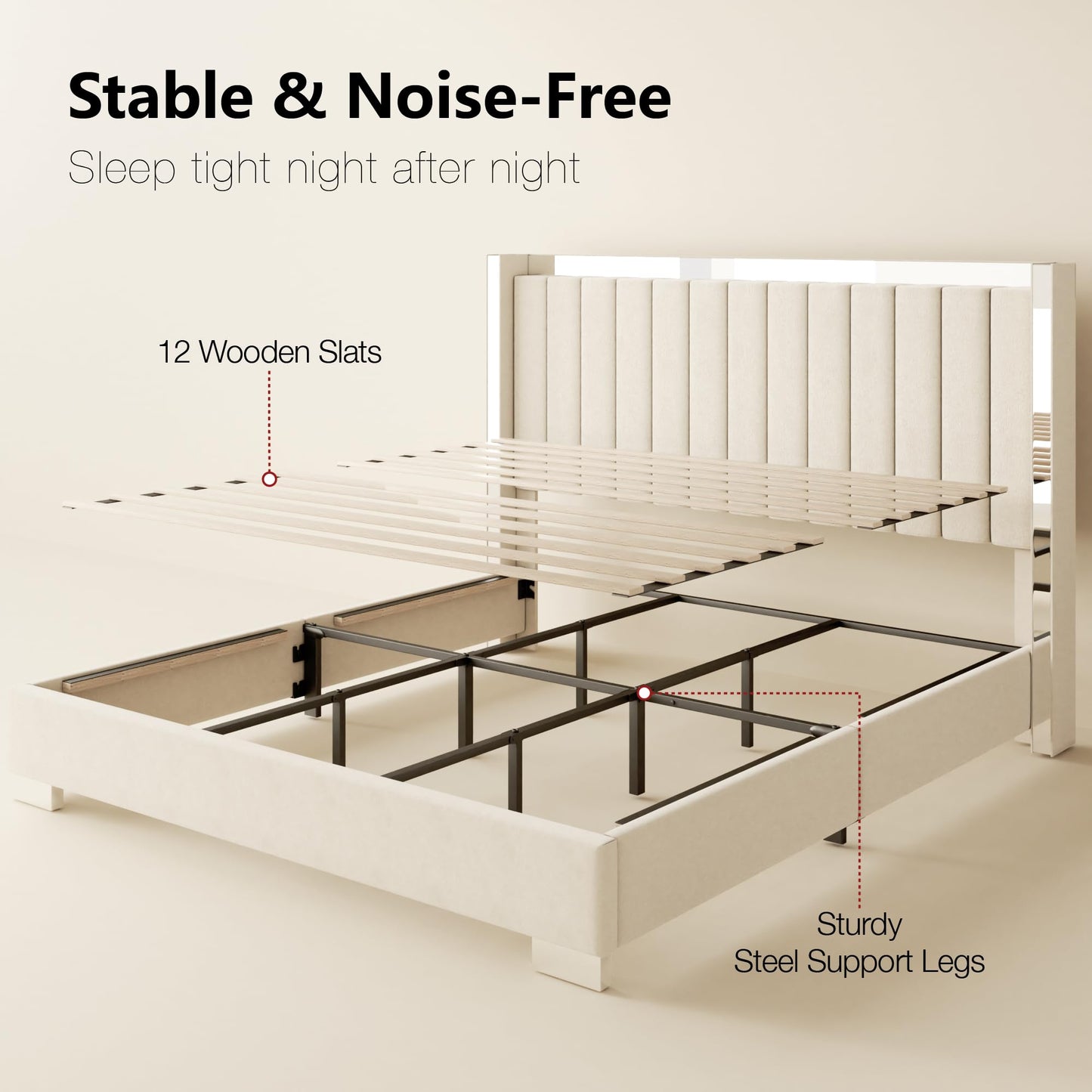 viplov Queen Bed Frame with 57.9" headboard, Tall Wingback Chenille Upholstered Headboard, Low Profile, No Box Spring Needed, Easy Assembly, Noise Free-Beige