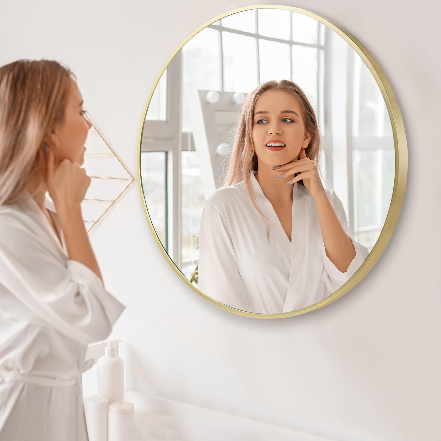 Umzodo Gold Round Mirror 30 inch, Matte Gold Bathroom Mirror for Vanity, Brushed Metal Framed Circular Wall Mirror for Living Room, Hallway, Entryway