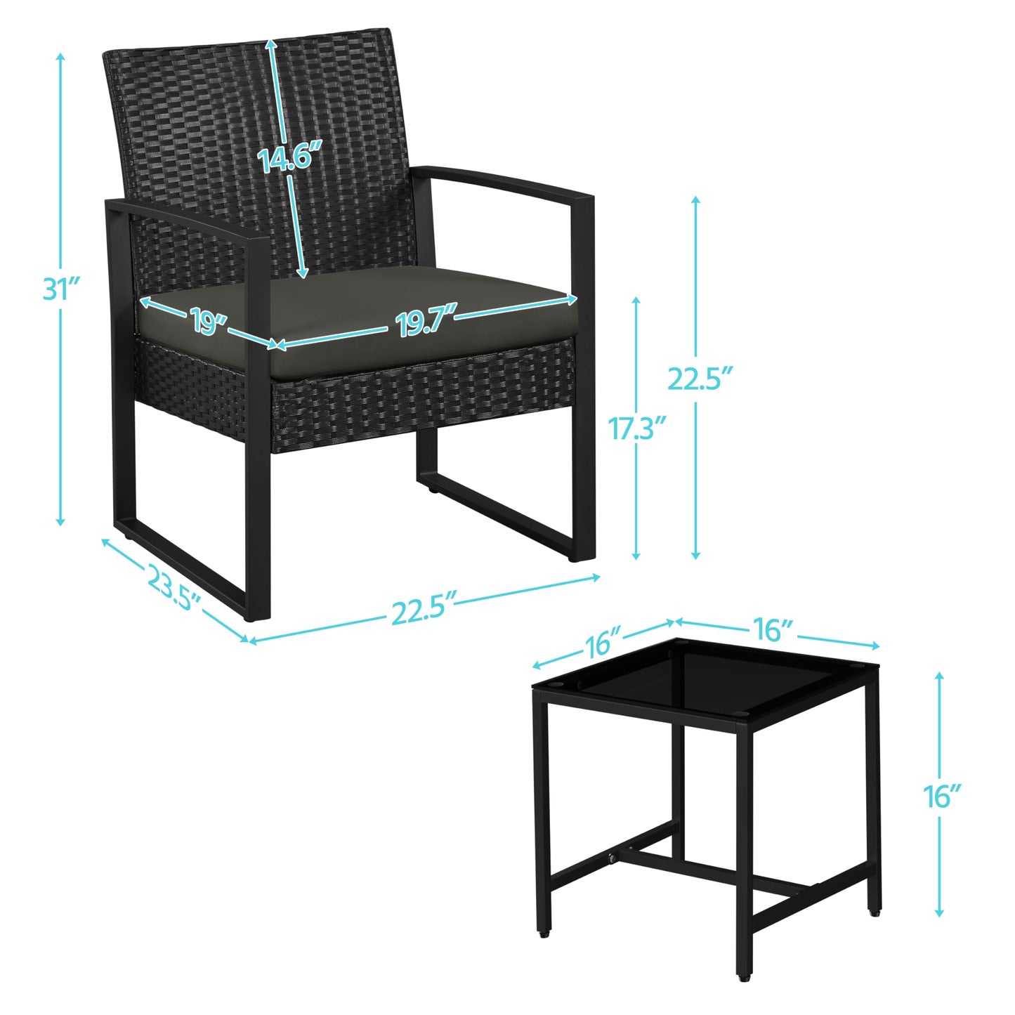 Yaheetech 3 Pieces Rattan Bistro Set, Indoor/Outdoor Wicker Patio Modern Conversation Furniture, 2 Chairs & Tempered Glass Coffee Table for Garden, Balcony, Backyard, Poolside, Black/Gray