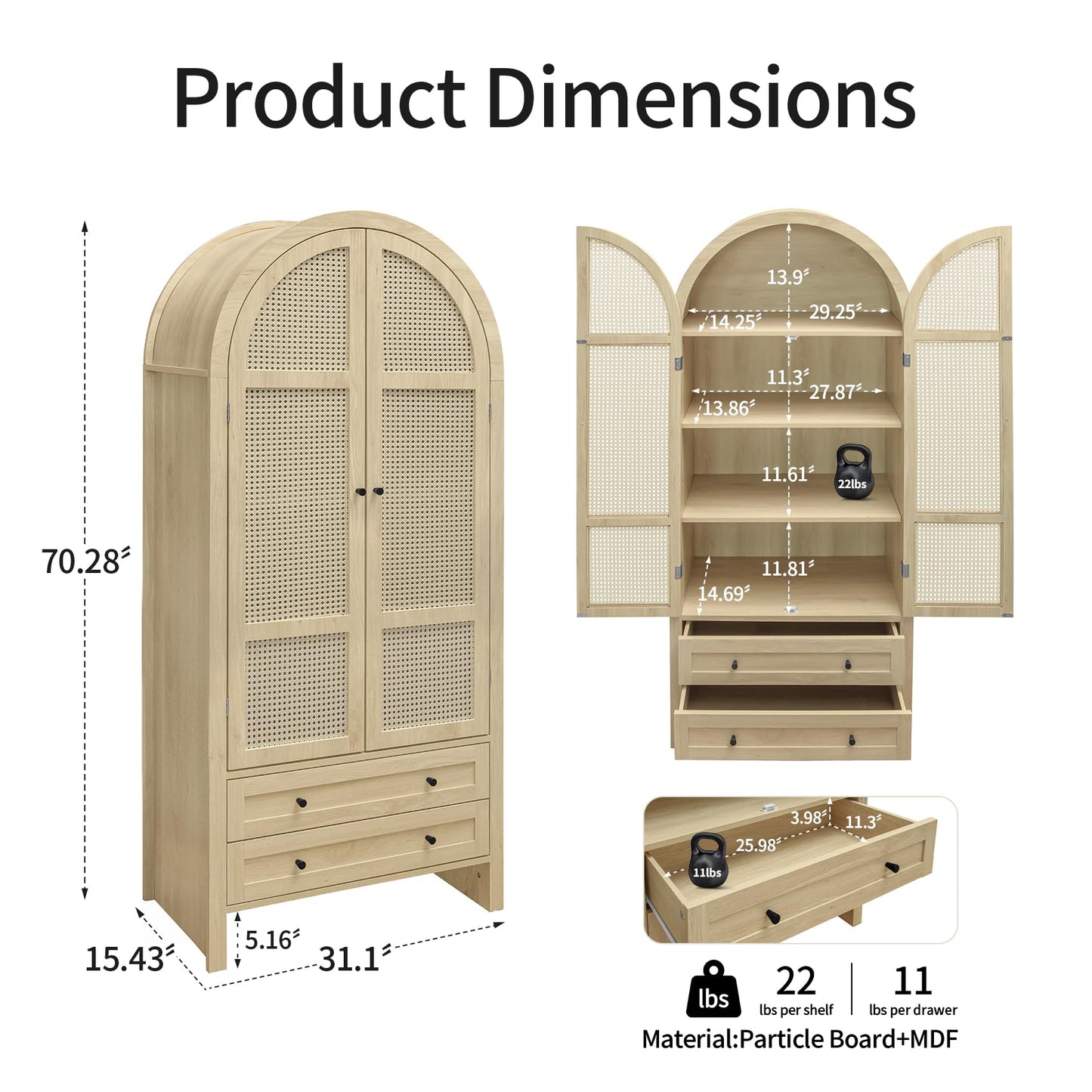 Woenei Arched Kitchen Pantry Cabinet, 71" Tall Arched Bookcase Rattan Storage Cabinet with Doors and Drawers Adjustable Shelves,Farmhouse Freestanding Cupboard for Bathroom,Living Room,Dining Room