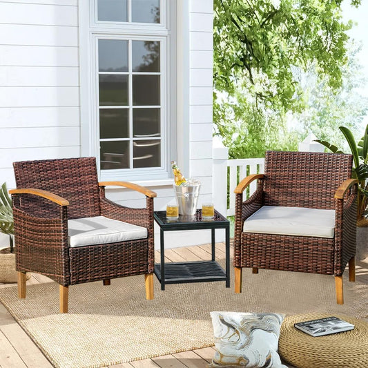 YEEFY 3PCS Outdoor Patio Furniture Set Outdoor Furniture Set with Table Outside Lawn Patio Chairs Set of 2 Patio Conversation Sets Bistro Wicker Patio Set for Backyard Porch Balcony Garden (Brown)