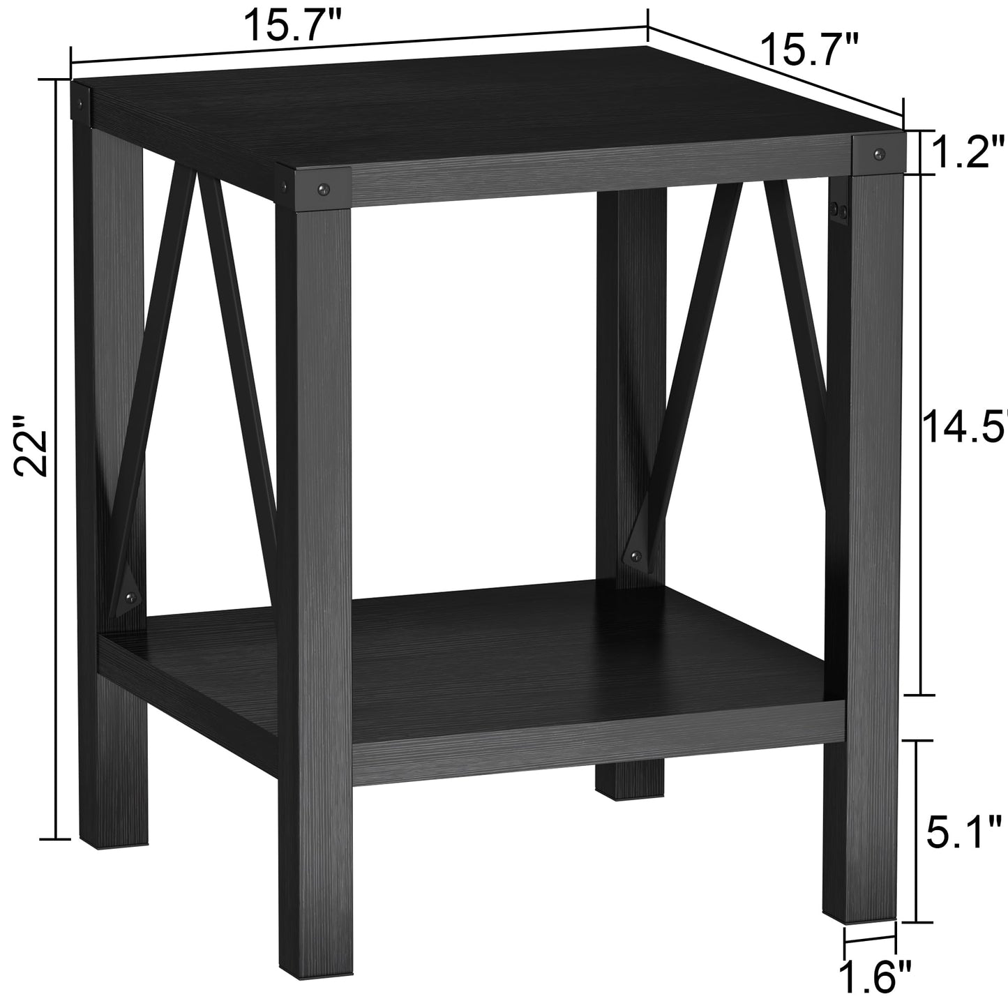 Treocho Farmhouse End Table Set of 2, Rustic Vintage Nightstand Side Table with Shelf for Living Room, Black