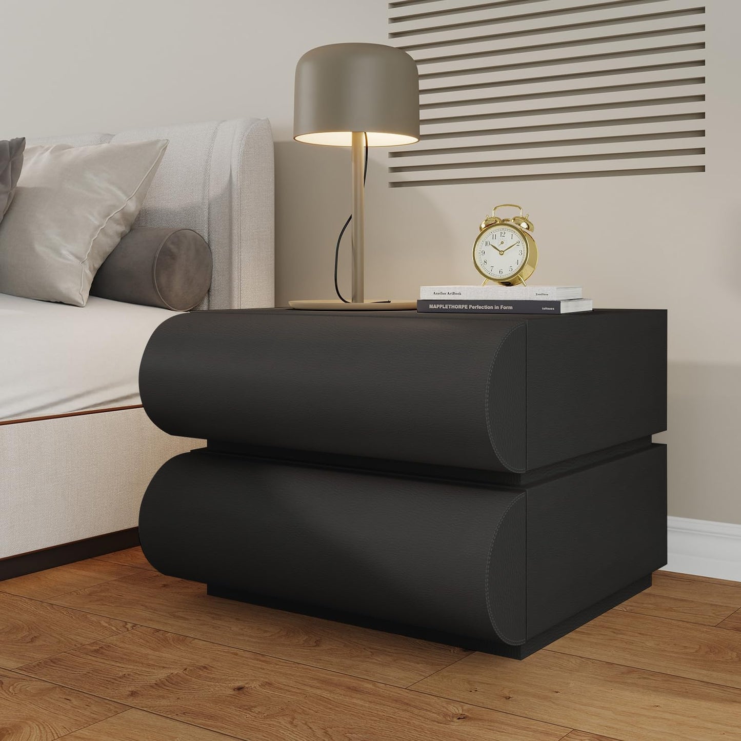 IKuinen Nightstand, Minimalist Bedside Table with 2 Solid Wood Drawer, Night Stands with Microfiber Leather, End Table for Bedroom-Black