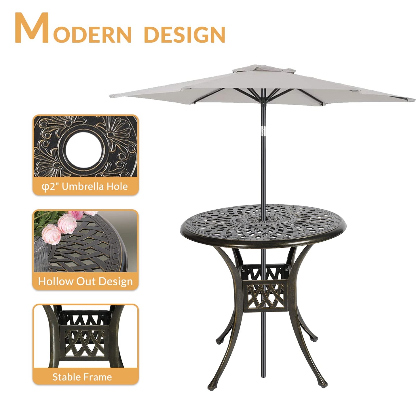 W WARMHOL 3-Piece Outdoor Patio Dining Set, All-Weather Cast Aluminum Patio Furniture Set for Backyard Garden Deck with 2 Chairs and 31” Round Table, 2" Umbrella Hole
