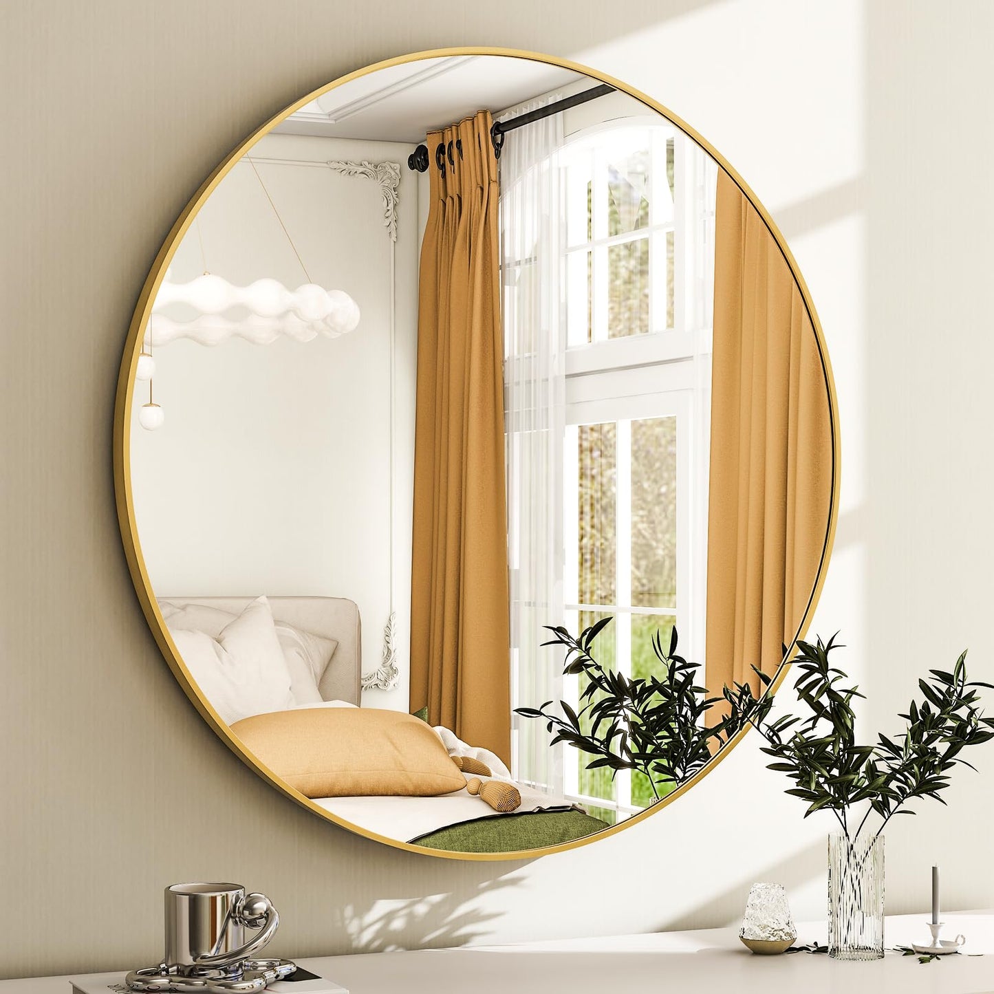 36 Inch Round Bathroom Mirror - Black Wall Mounted Circle Mirror with Metal Frame, Modern Round Hanging Mirror Suitable for Bathroom, Vanity, Entryway, Living Room