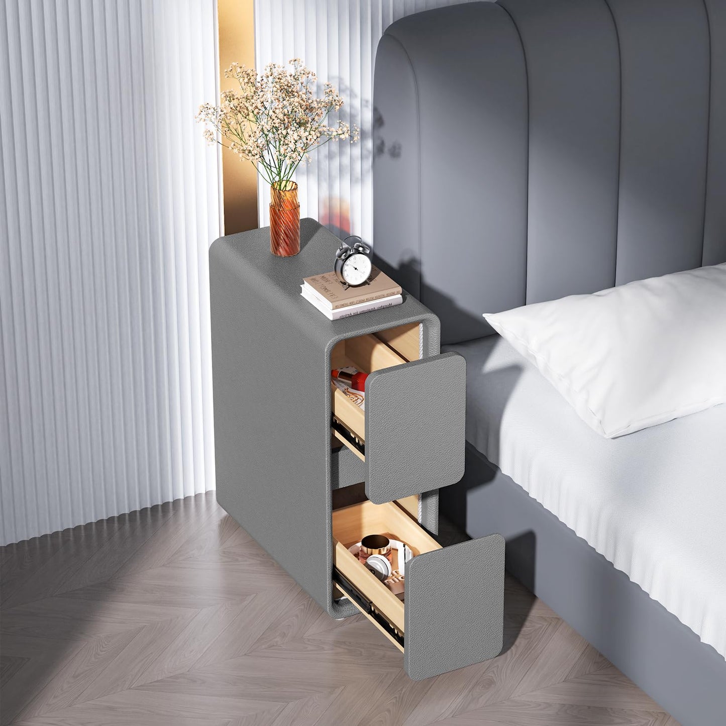 VICITON Modern Narrow Faux Leather Nightstand, Solid Wood Drawer, Storage Accent Table, Small Side End Table for Bedroom (Gray, Narrow)