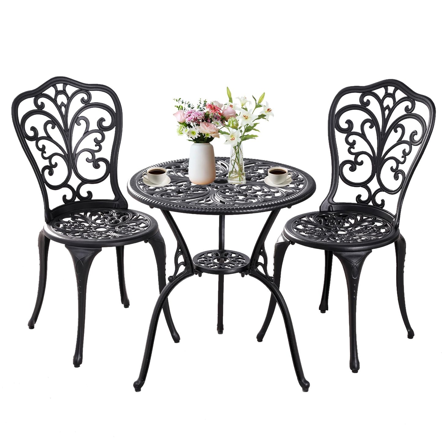 Withniture Patio Bistro Set 3 Piece Outdoor,Cast Aluminum Outdoor Bistro Table and Chair Set of 2 with 1.97" Umbrella Hole,All Weather Bistro Table Set for Front Porch Set(Butterfly Black)