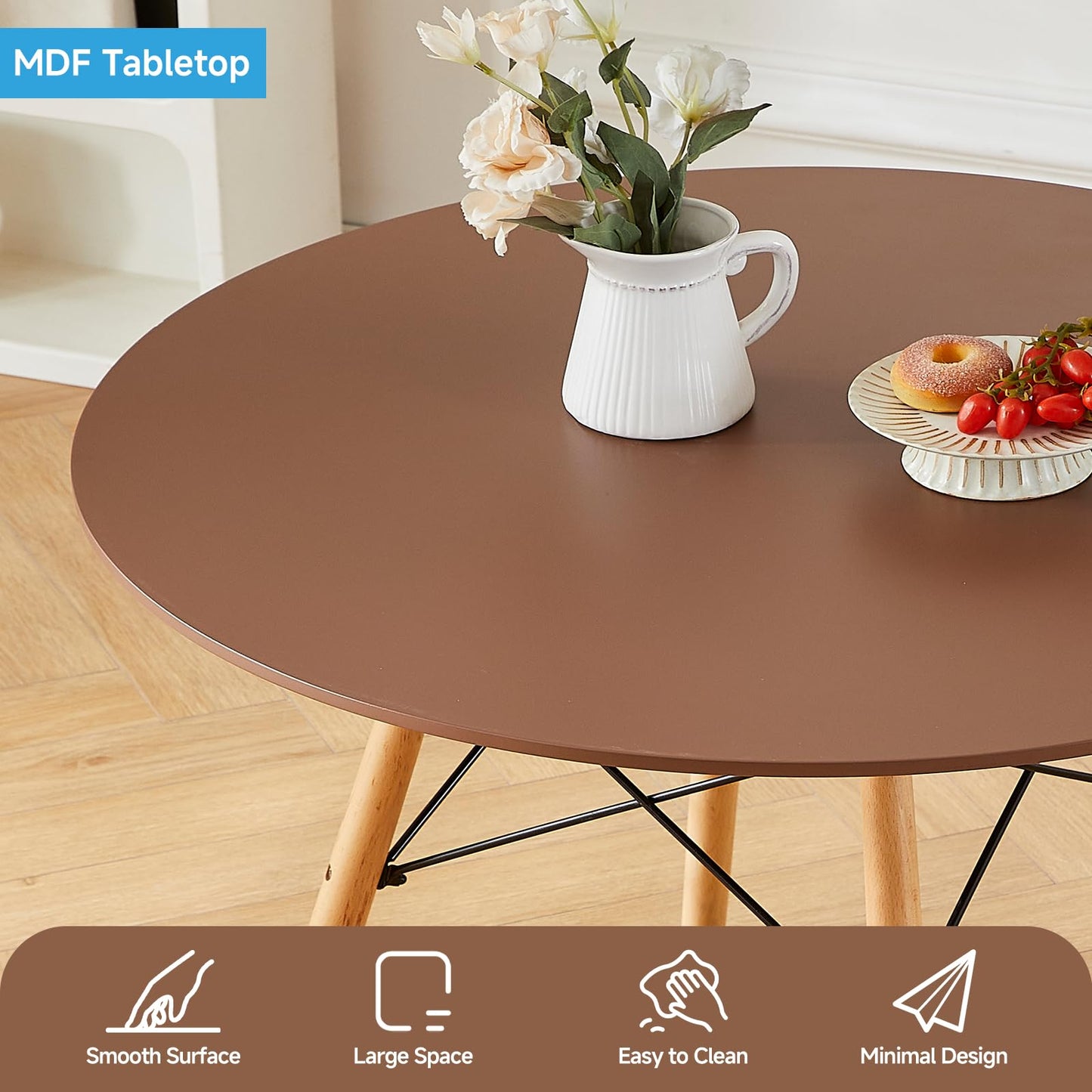 Yuqunfur Round Dining Table Set for 4 35.5" Wood Dinner Table Circle Dining Table Kitchen Table Chairs Set of 4 with Wood Strip Base for Kitchen Living Room Space Saving Apartment(Brown)