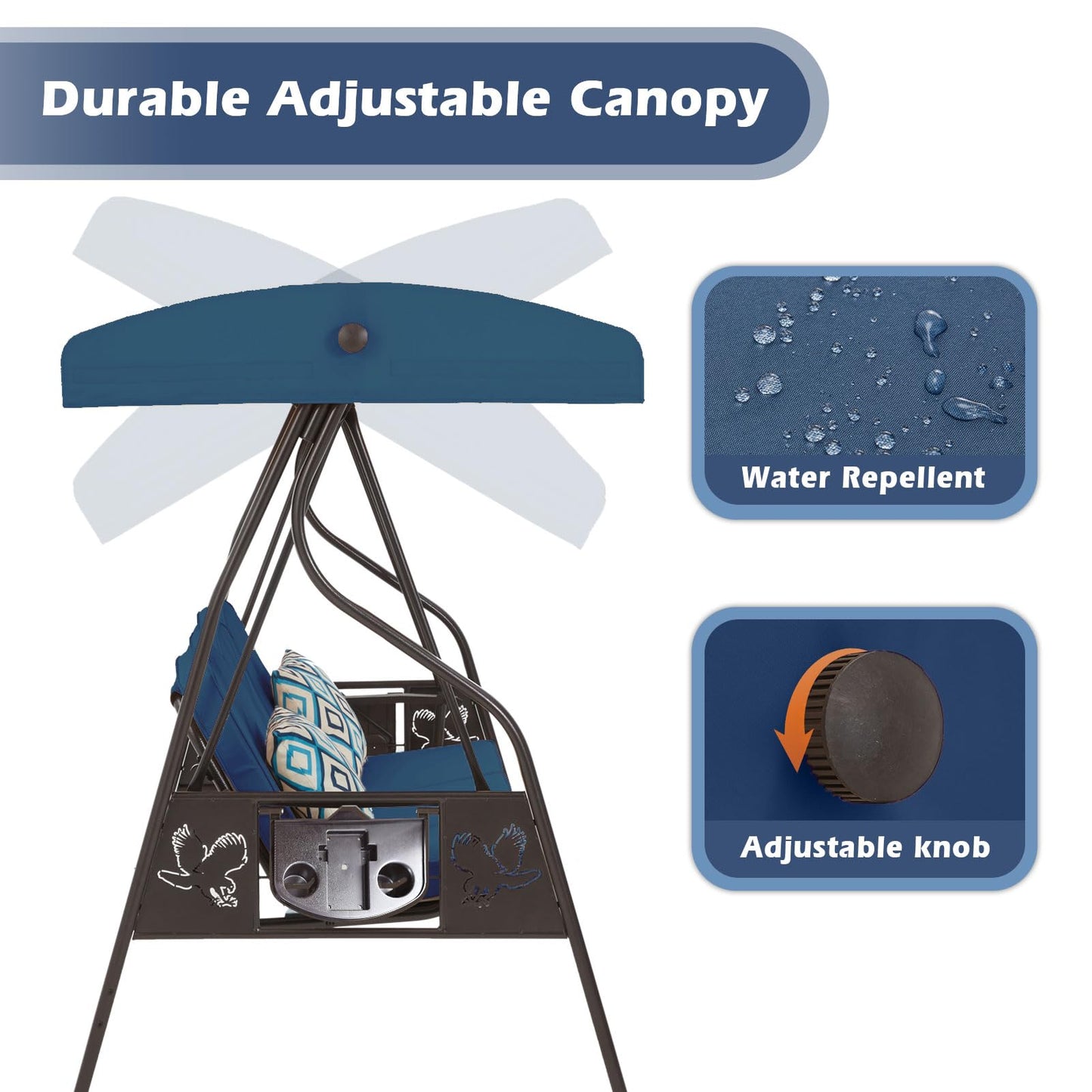 ZZW 3-Seat Outdoor Porch Swing with Stand, Patio Swing with Canopy, 2 in 1 Porch Swing Bed & Patio Swing Chair for Adult w/Extra Pillows and Cup Holder for Yard (Blue)