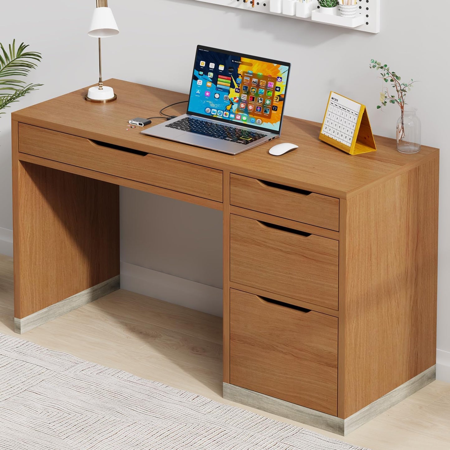 MaverickFurni 52 Inch Desk with 4 Drawers, Small Computer Desk for Small Space, Home Office Desk with Storage File Cabinet for Bedroom, Brown