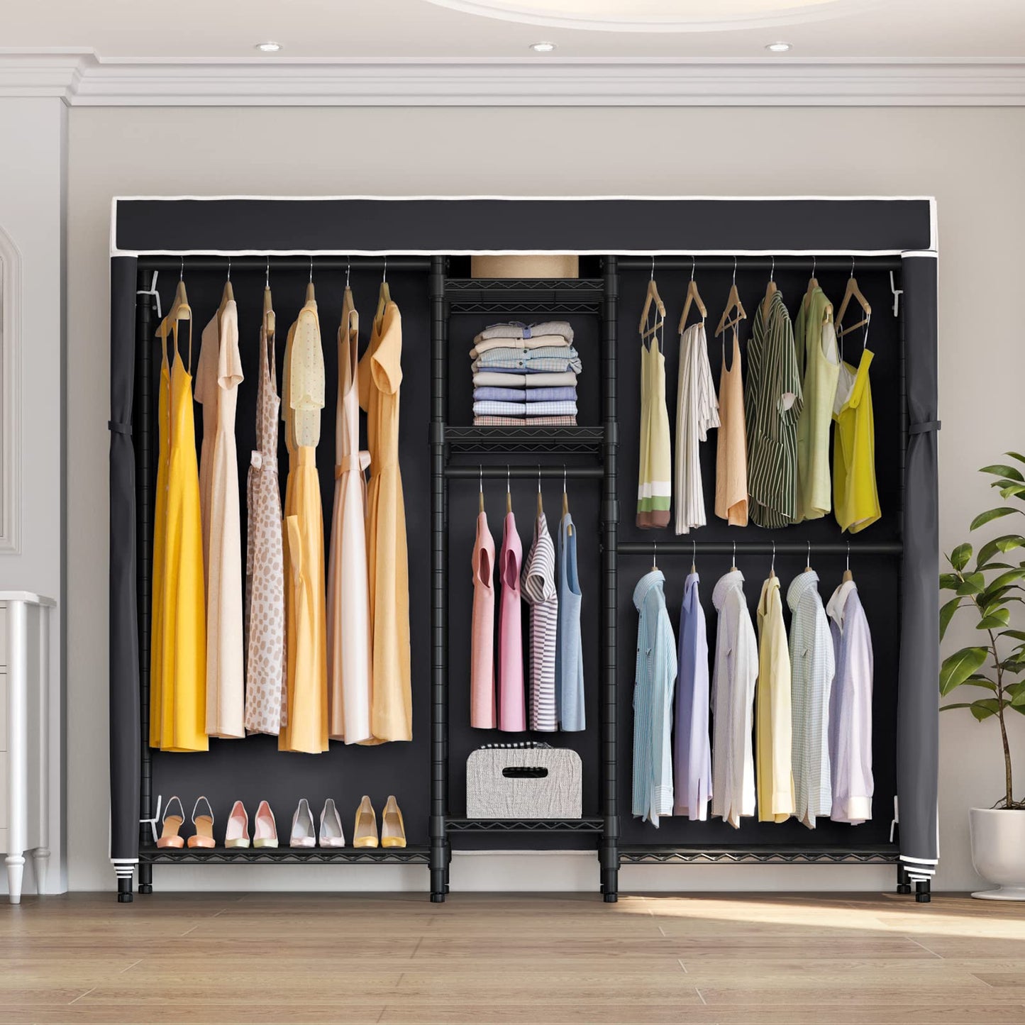 VIPEK V6C Heavy Duty 5 Tiers Wire Garment Rack Large Size Wardrobe Closet Black Metal Clothing Rack with Black Oxford Fabric Cover, 75.6" L x 18.5" W x 76.4" H, Max Load 780 LBS