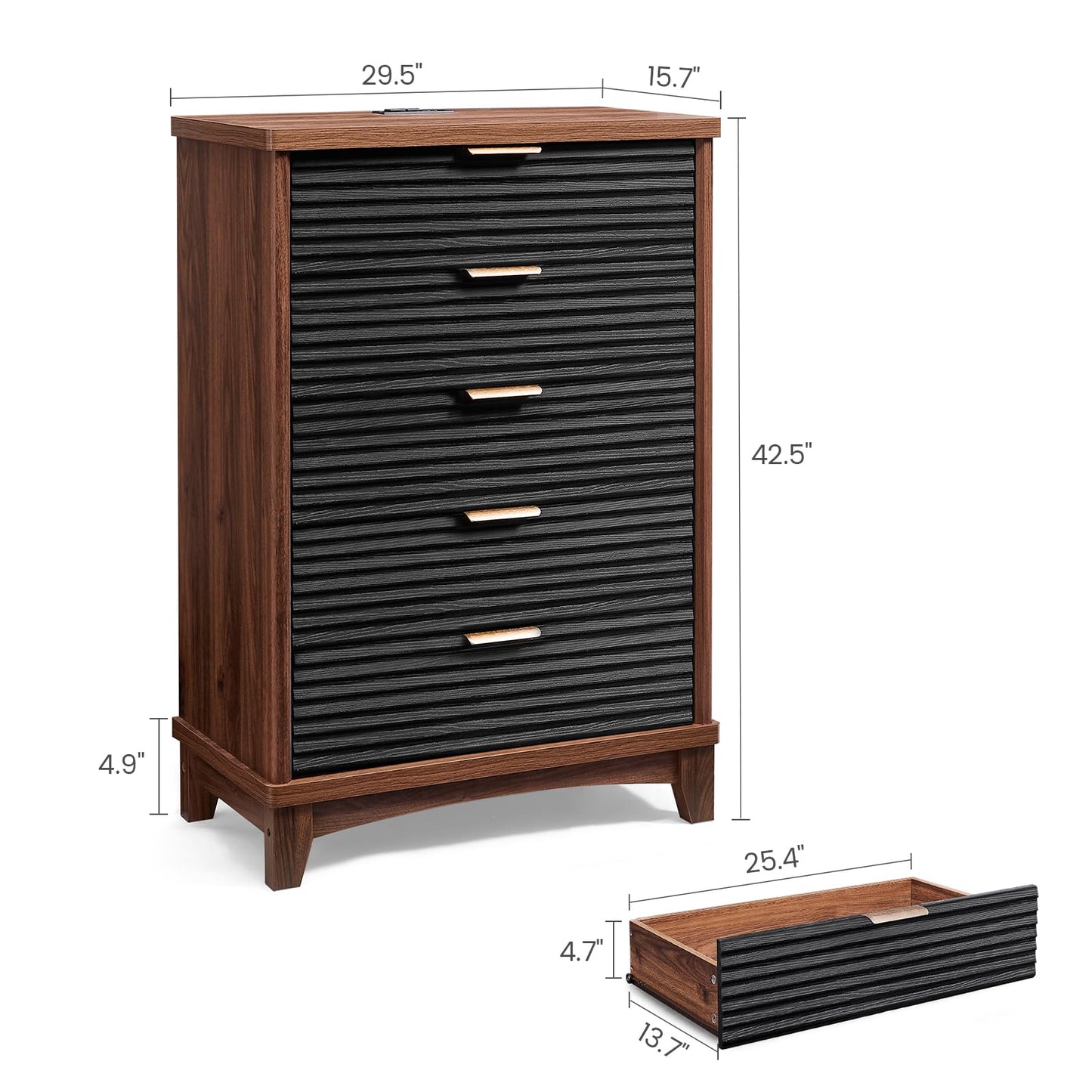 AOGLLATI Black Dresser for Bedroom with Slanted Louvre Design,Retro Chest of Drawers with Charging Station, Wooden Tall 5 Drawer Dresser for Bedroom,Living Room, Hallway, Black & Brown