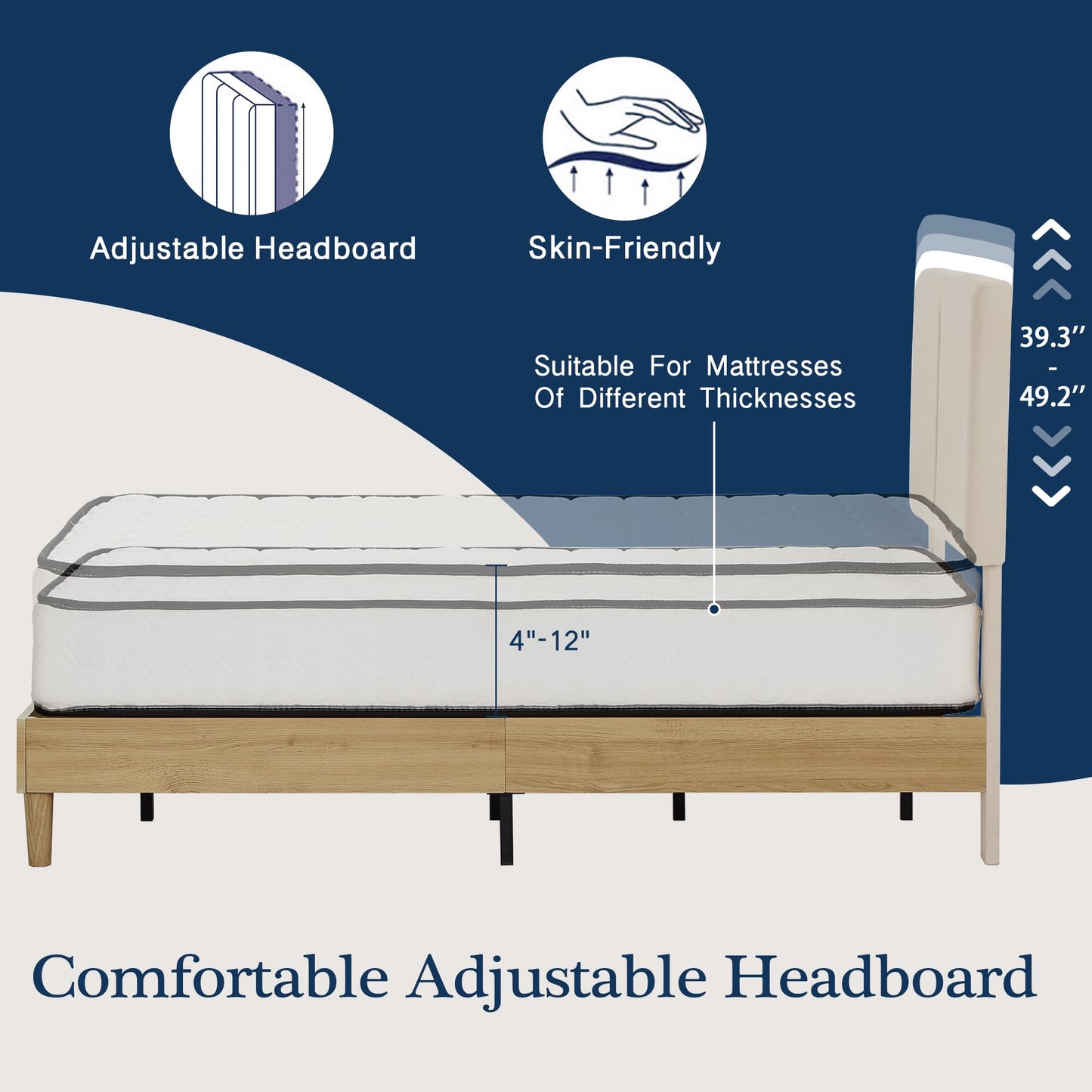 VECELO Twin Frame Upholstered Platform Height-Adjustable Cotton and Linen Headboard, Heavy Duty Wood Slats, 6" Under-Bed Space Noise-Free, No Box Spring Needed,Easy Assembly, Beige