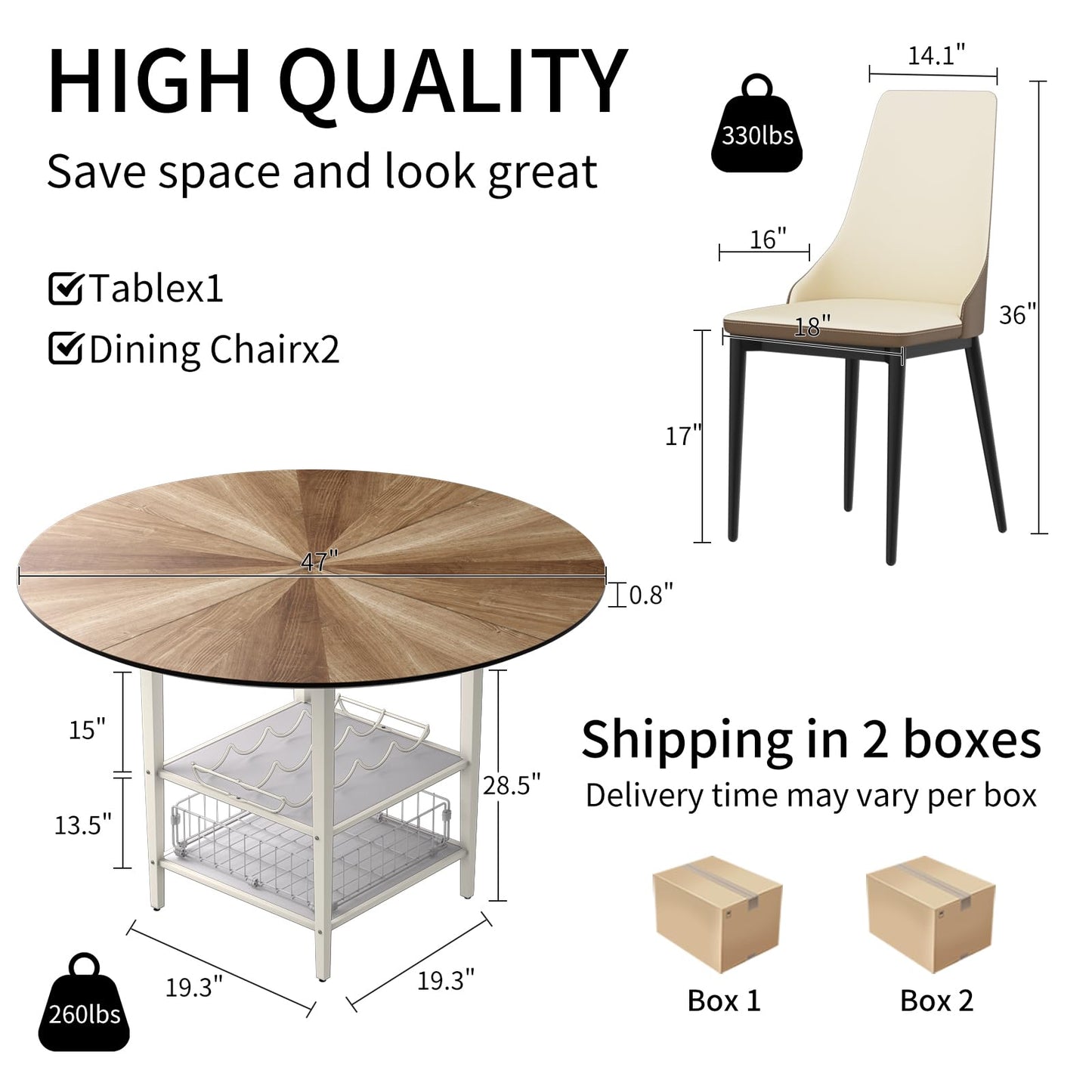 VFK 47'' Round Dining Table Set for 4-6, Farmhouse Kitchen Table with 4 Chairs & Storage Rack, Rustic Wood Dining Set with Sturdy Metal Base for Dining Room & Living Room