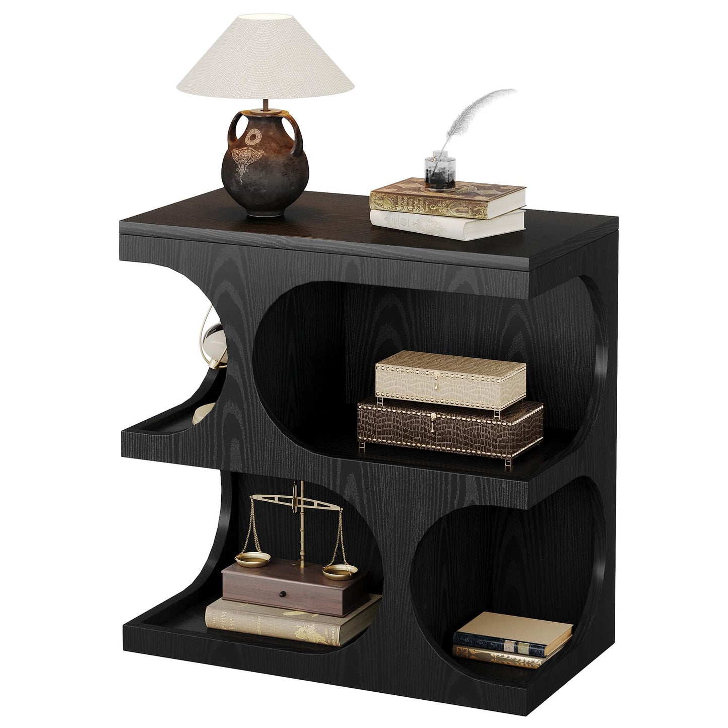 Tribesigns Black End Table for Living Room, Modern S-Shape Side Tables with 2-Tier Storage Shelf, Retro Bedside Nightstands for Bedroom, Easy Assembly