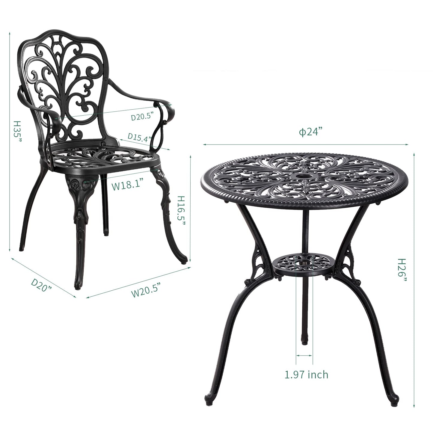 Withniture 3 Piece Patio Bistro Set Cast Aluminum Bistro Table and Chairs Set of 2 with Umbrella Hole,All Weather Metal Bistro Table Set,Outdoor Patio Furniture Set for Garden(Butterfly Black)