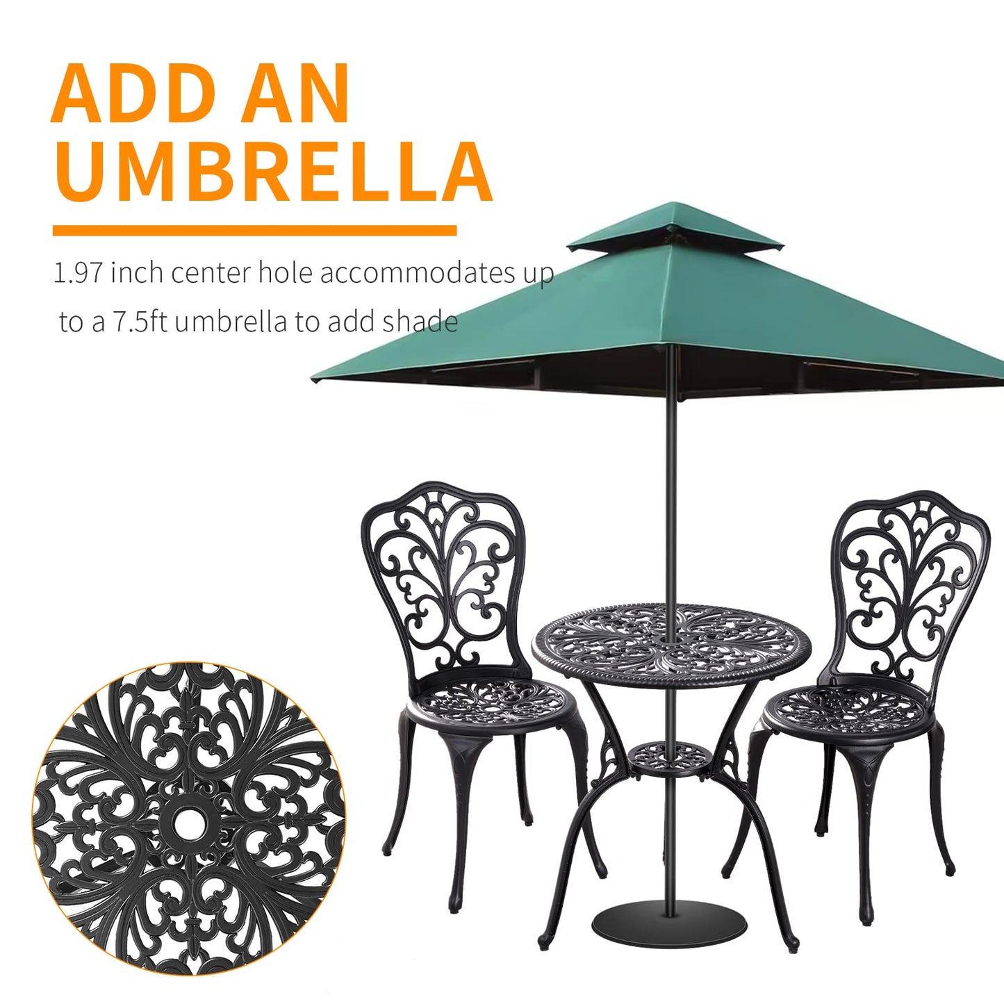 Withniture Patio Bistro Set 3 Piece Outdoor,Cast Aluminum Outdoor Bistro Table and Chair Set of 2 with 1.97" Umbrella Hole,All Weather Bistro Table Set for Front Porch Set(Butterfly Black)