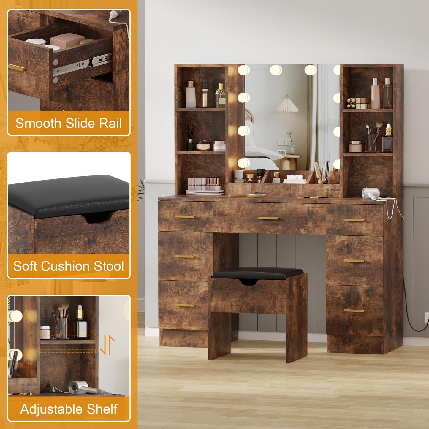 Garvee 56" Modern Vanity Set with LED Lighted Mirror,Farmhouse Makeup Vanity with Power Outlet&Storage Shelves,Bedroom Dressing Table for Women&Girls,3 Lighting Modes,Brightness Adjustable(Brown)