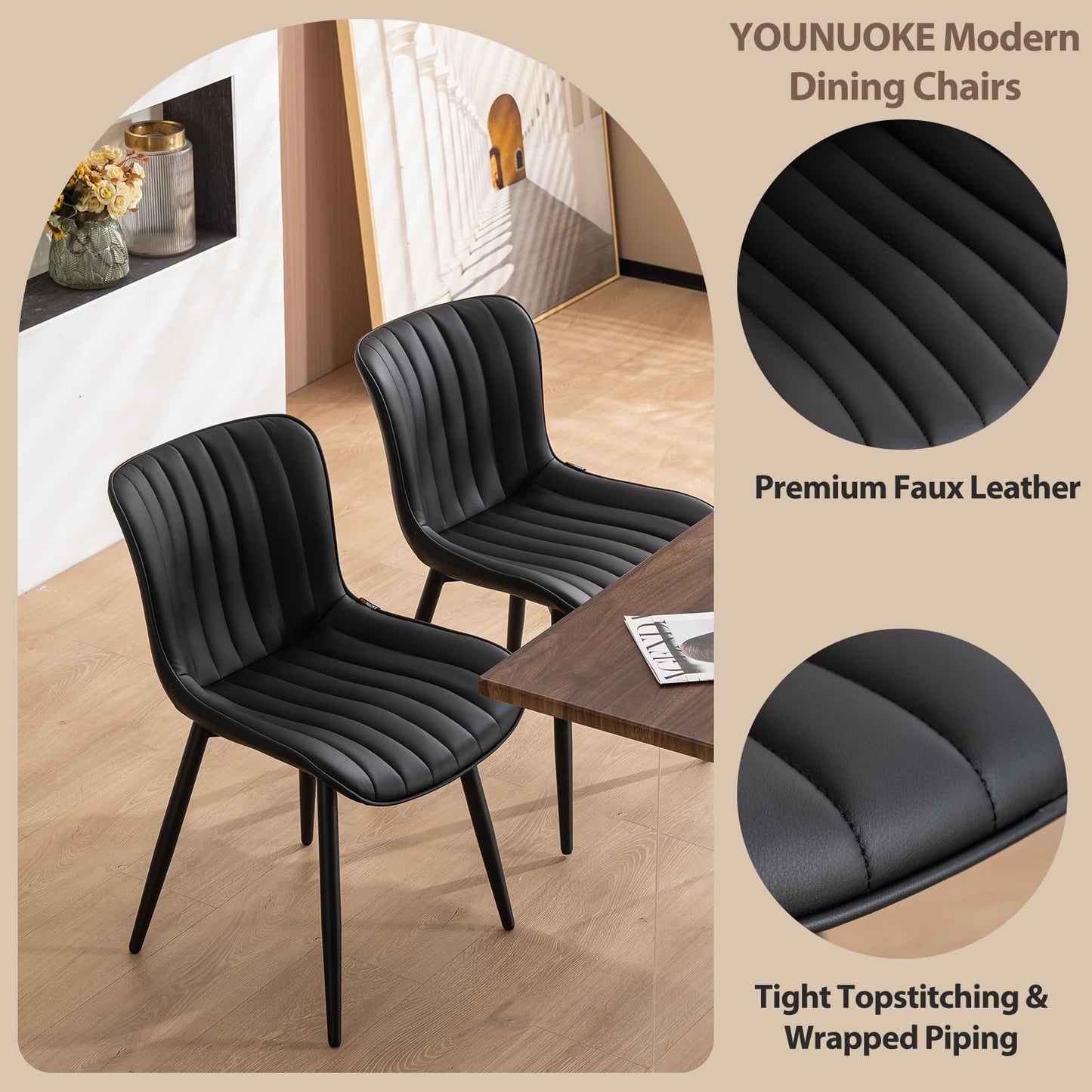 YOUNUOKE Black Dining Chairs Set of 2, Faux Leather Upholstered Kitchen & Dining Room Chairs with Back, Mid Century Modern Minimalist Accent Chair Armless for Guest Reception Waiting Living Room
