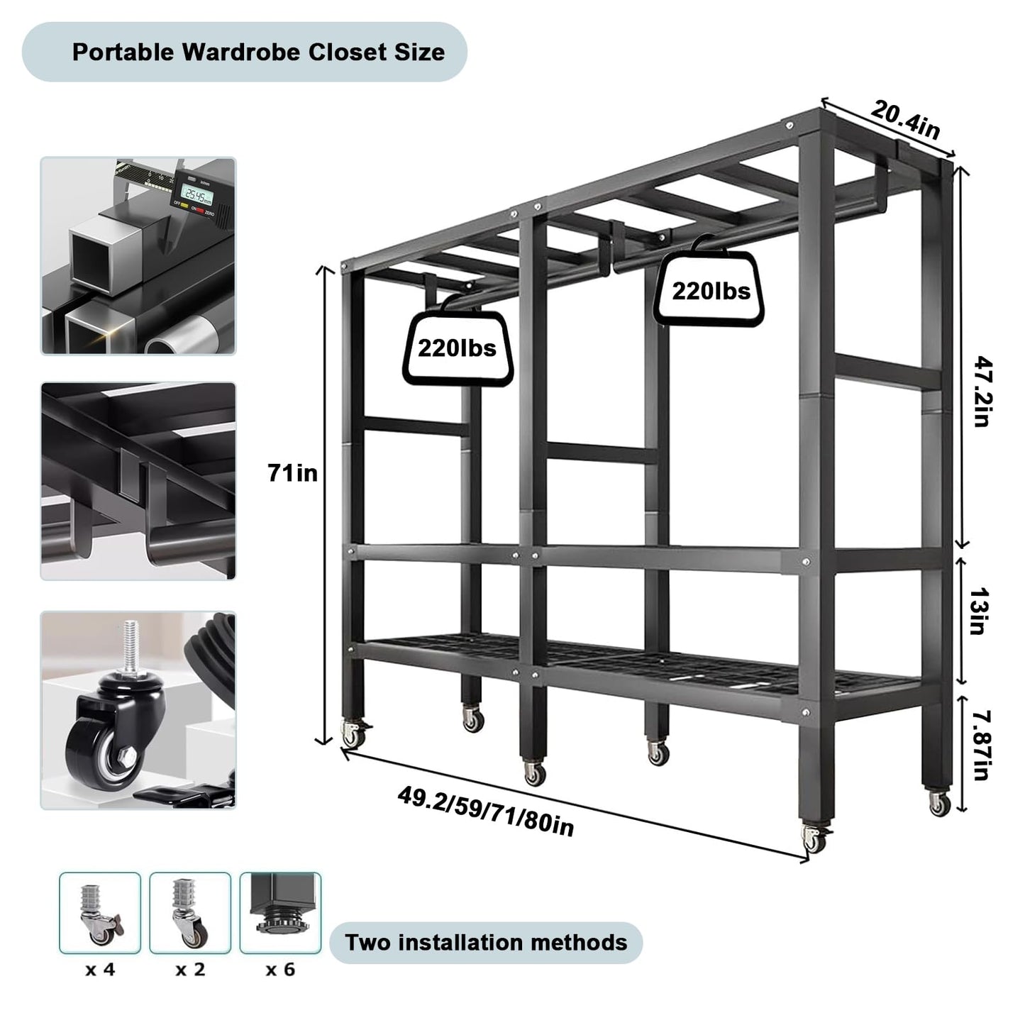 71in Foldable Portable Wardrobe Closet with Magnetic Door 2000lbs Heavy-duty Clothe Rack with Wheels and Cover Large Covered Clothing Coat Storage Organizer System (Grey zipper, 70.86in/5.9ft)