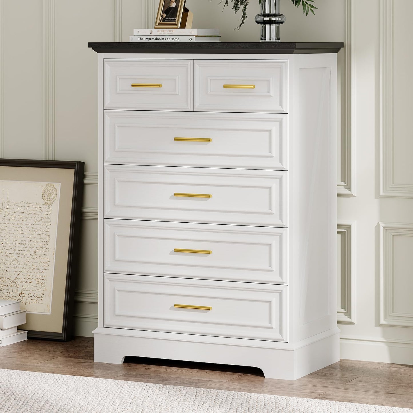 Virabit White Dresser for Bedroom with 6 Drawers, 44" Tall Wooden Farmhouse Cabinet, Modern Kids Dresser with Metal Handle, Mid Century Chest of Organizer for Closet, Living Room, Hallway