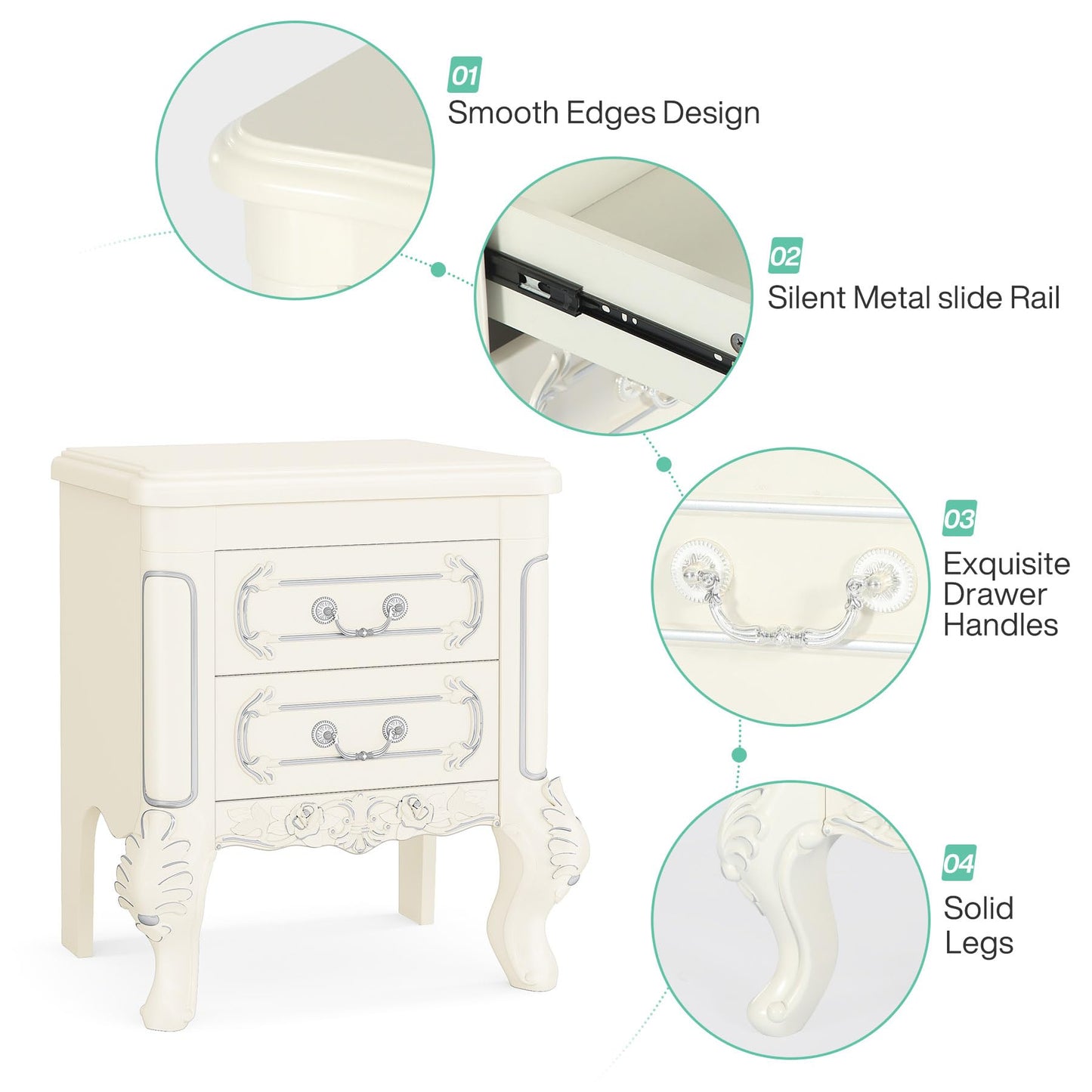 Tribesigns White Nightstand, End Table with 2 Drawers, Carved Bedside Tables, Side Table for Bedroom, Classic Bedroom Furniture, Night Stand White