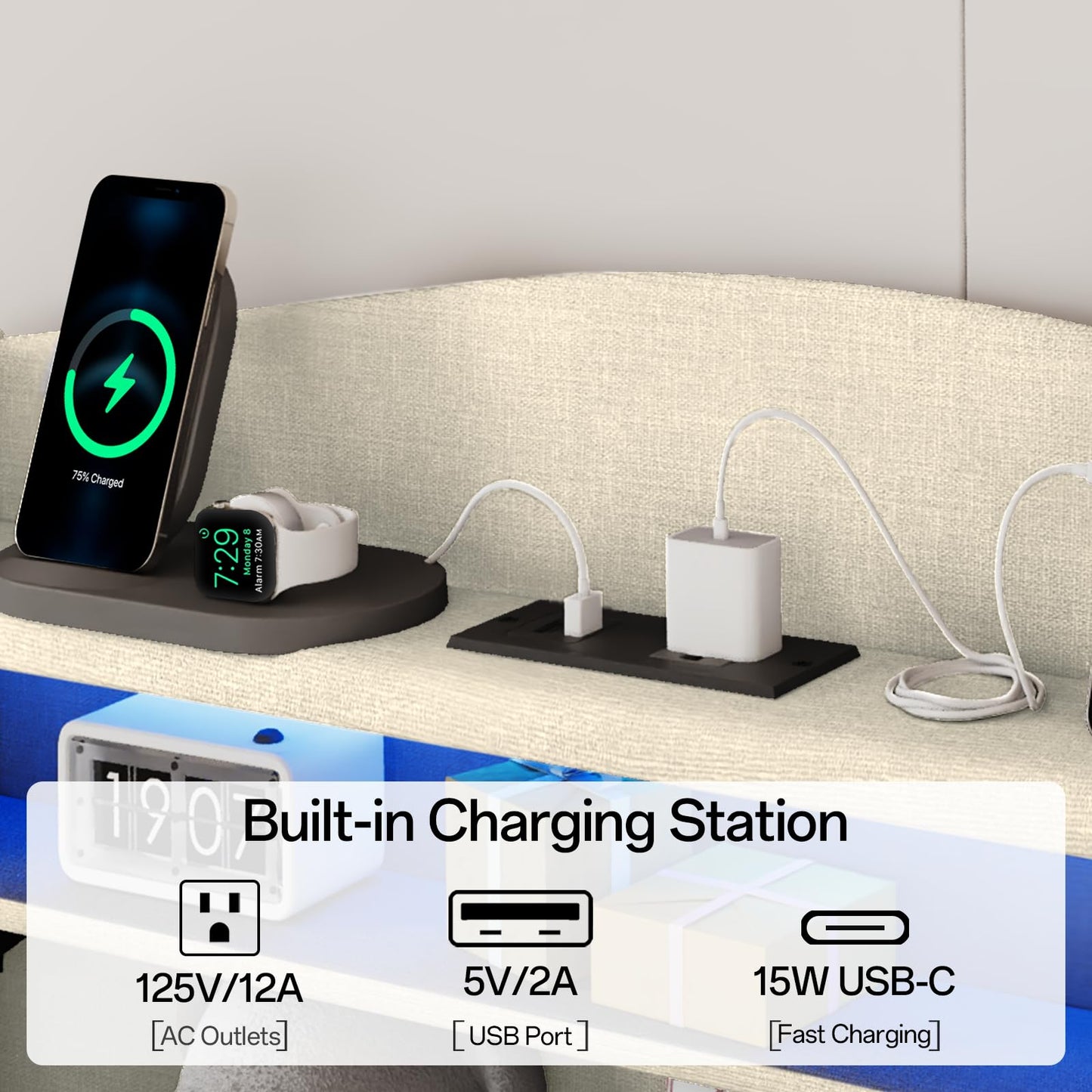 VINTLJUS Twin Bed Frame, Twin Bed Frames with Storage Headboard, Upholstered Twin Size Bed Frame with Drawers, Charging Station and LED Lights, Easy Assembly, Beige