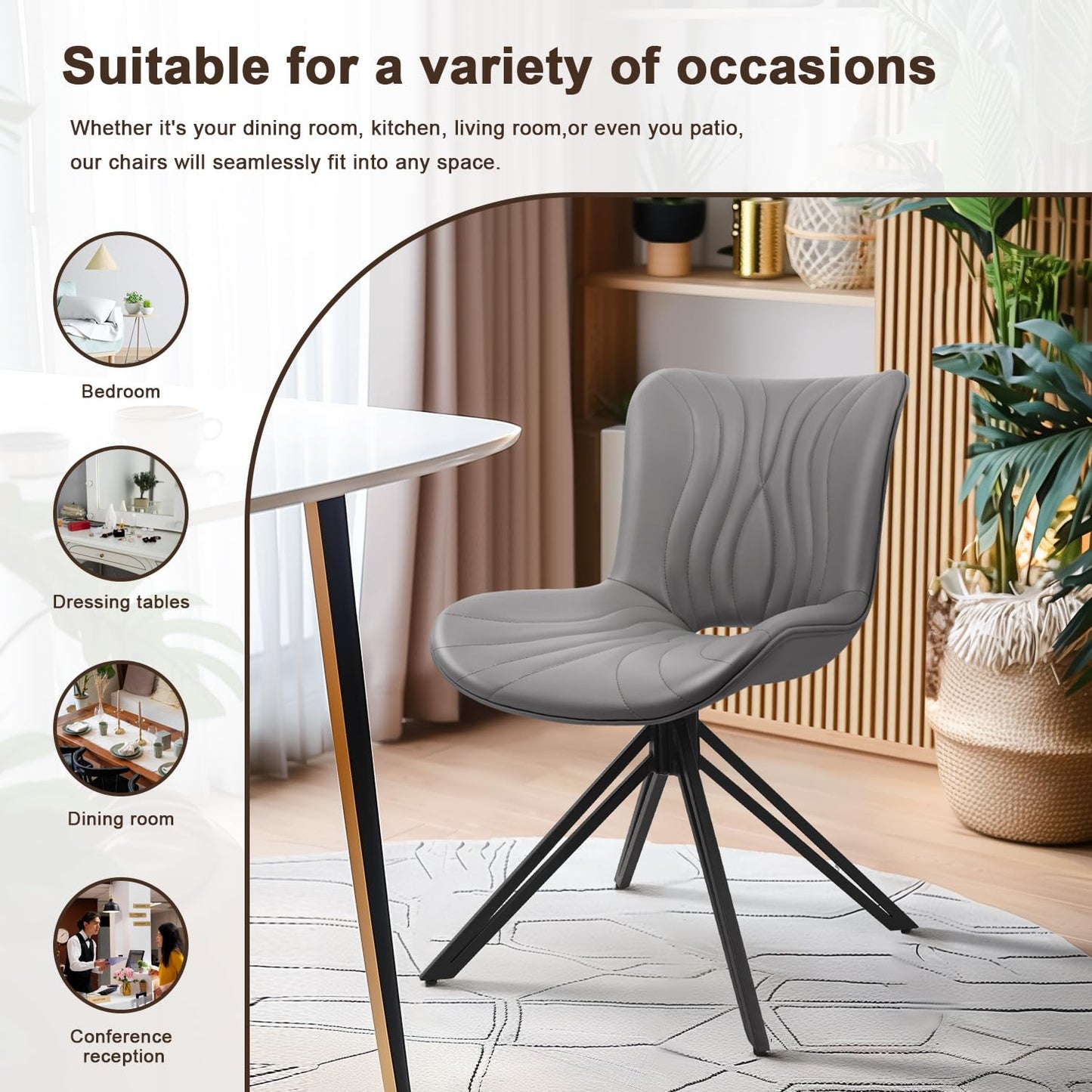 VATROS Dining Chairs Set of 6, 360° Swivel Upholstered Mid-Century Modern Kitchen Dining Room Chairs, Armless Faux Leather Accent Side Chair with Padded Back, Metal Legs for Living Room Bedrooms,Grey