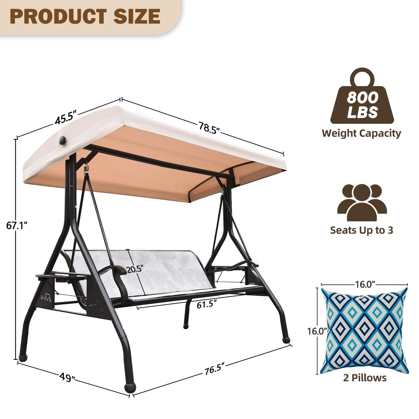 ZZW 3 Person Patio Swing Outdoor Swing for Adults with Adjustable Canopy &Upgraded Cup Holders Textilene Fabric Porch Swing Chair with Stand Heavy Duty 800 LBS