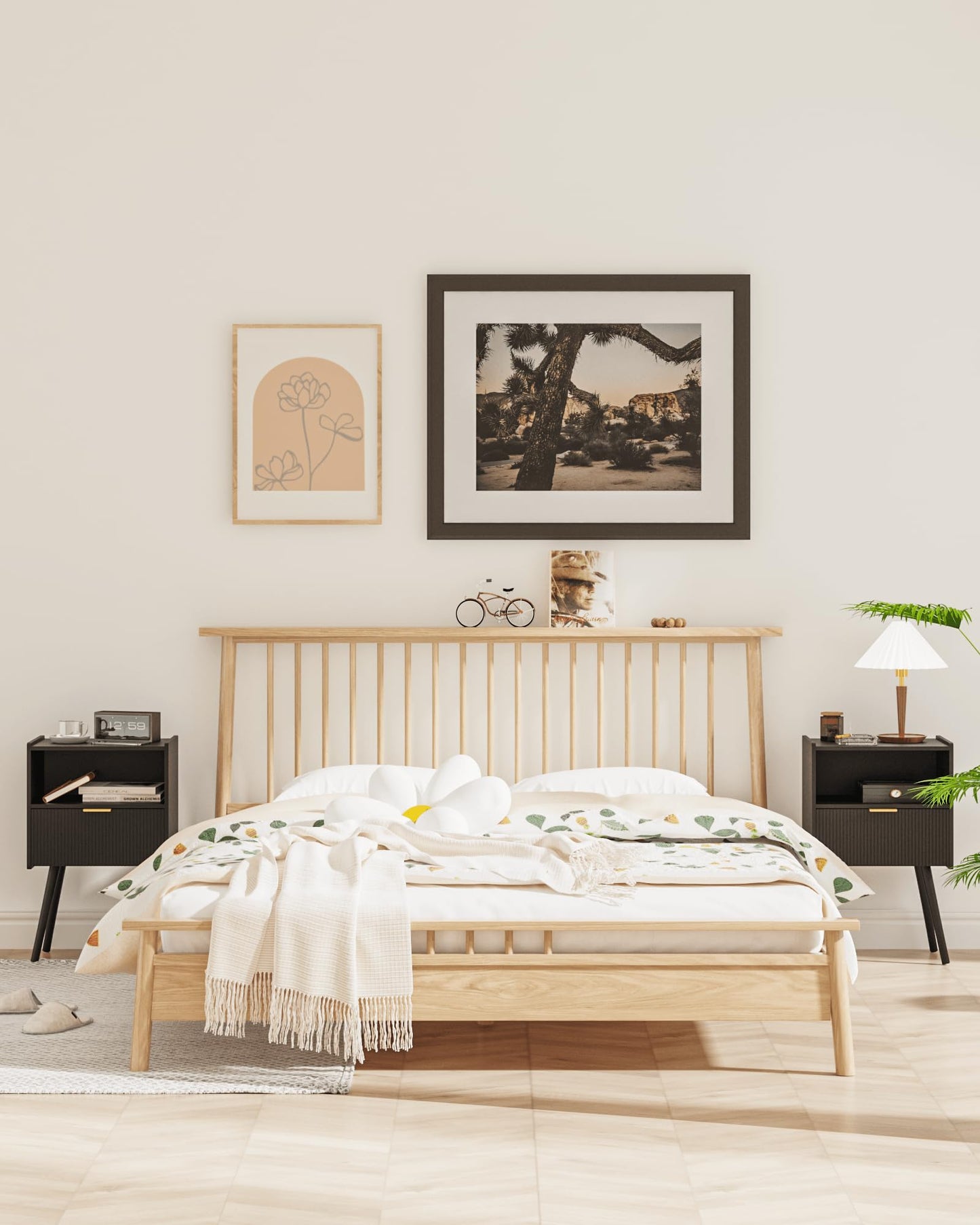 Veegle Nightstand,Modern Bedside Table with Storage Drawer and Open Wood Shelf, Accent Night Stand with Solid Wood Legs for Living Room, Bedroom and Small Spaces,Easy Assembly (Black)