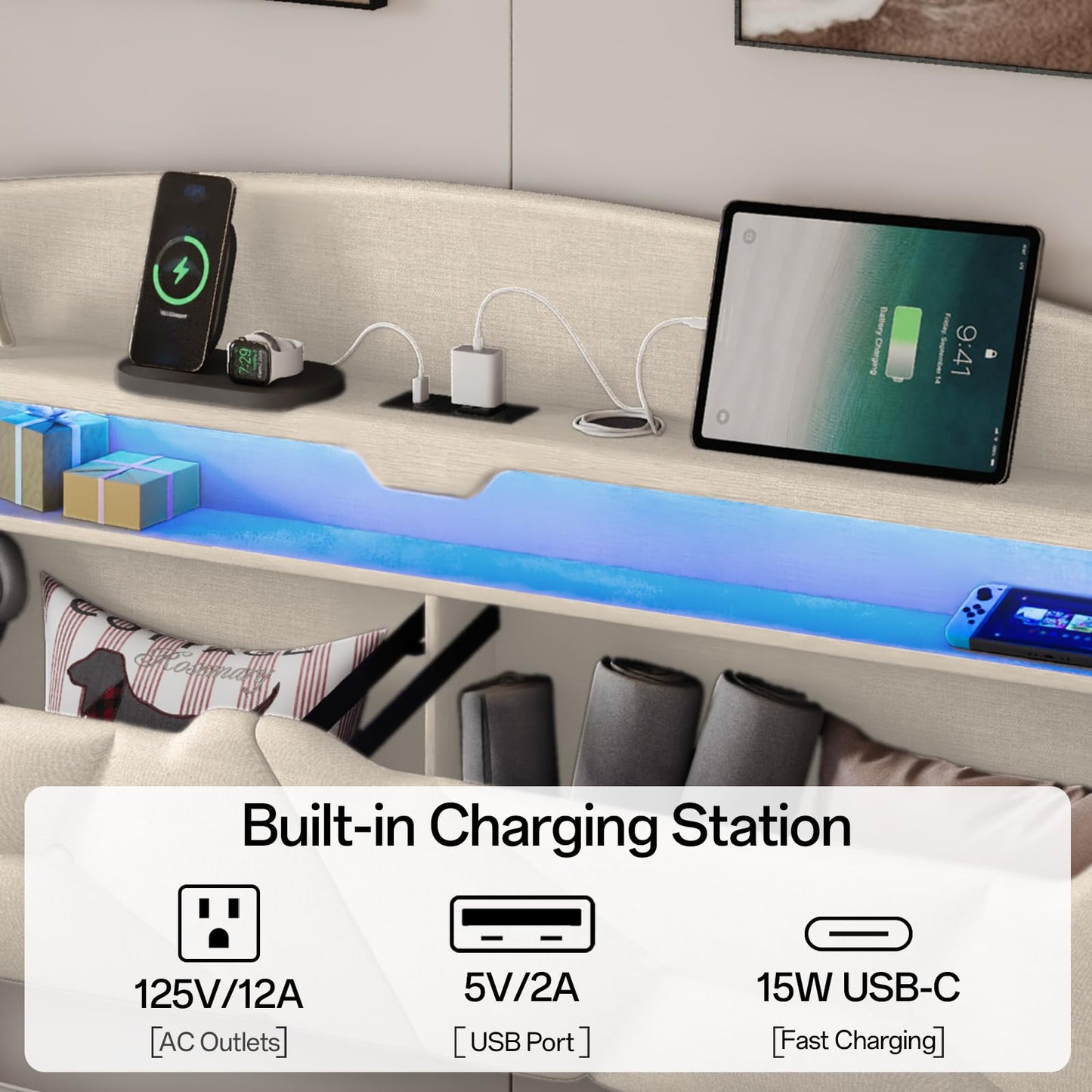 VINTLJUS Queen Size Bed Frame with Storage Headboard, Queen Bed Frame with 2 Drawers, Upholstered Platform Bed with Charging Station and LED Lights, Easy Assembly, Beige