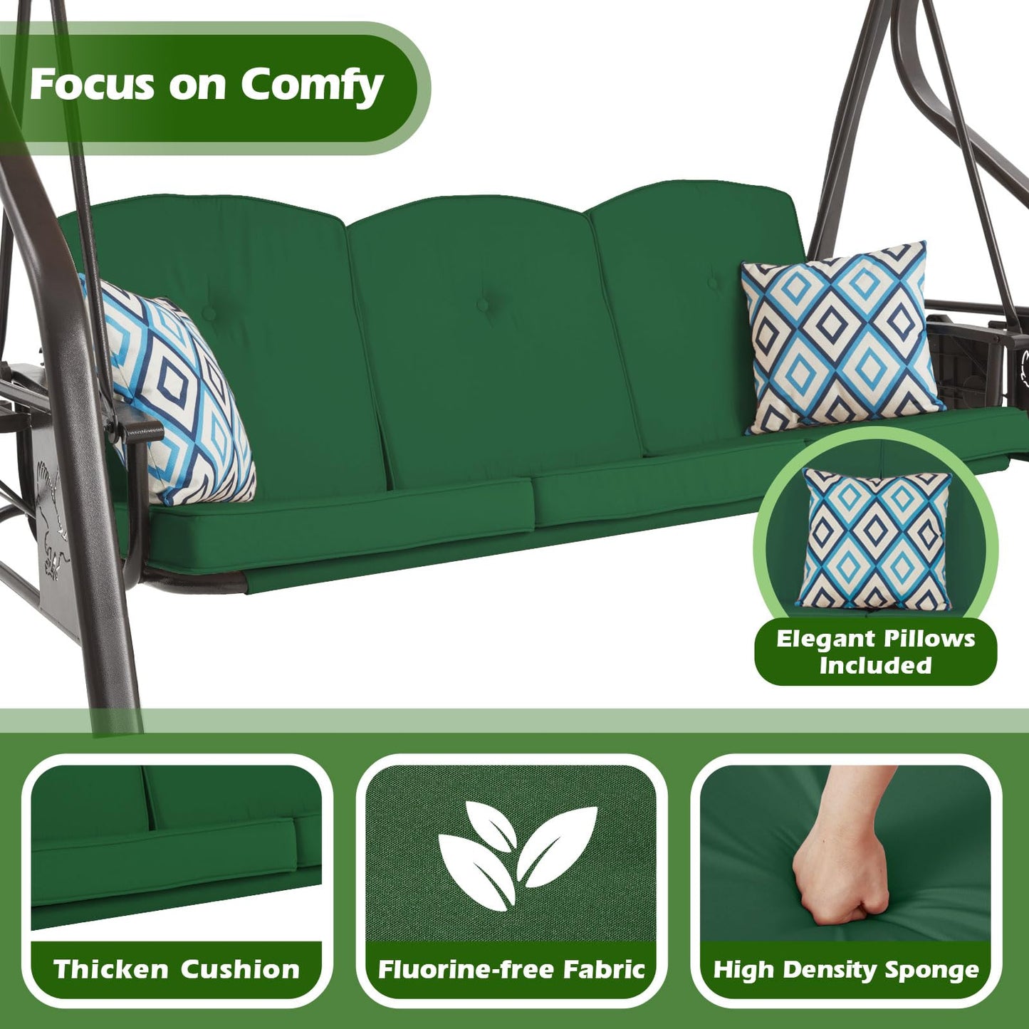 ZZW 3-Seat Outdoor Porch Swing with Stand Patio Swing with Canopy 2 in 1 Porch Swing Bed & Patio Swing Chair for Adult w/Extra Pillows and Cup Holder for Yard(Green)