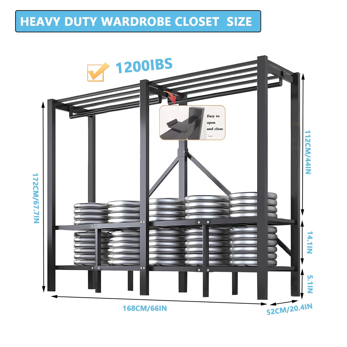 FKKPRVAX Heavy Duty Portable Closet with Cover 1200Ibs Foldable Covered Clothes Rack for Hanging Armoire Wardrobe Closet System Freestanding Coat Storage Garment Racks (168cm/66in（Hazy Gray）)