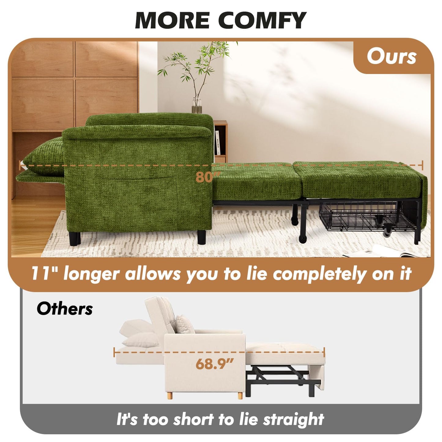 ZZWHOM Convertible Sleeper Chair 79" Long Chair Bed w/Adjustable Backrest 4-in-1 Pull Out Lounge Chair 500 LBS Load Bearing Single Sofa Bed with Pillow for Living Room & Small Space