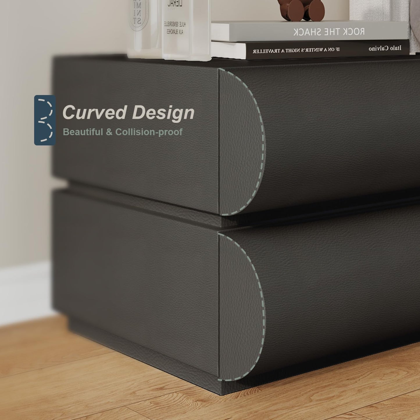 IKuinen Nightstand, Minimalist Bedside Table with 2 Solid Wood Drawer, Night Stands with Microfiber Leather, End Table for Bedroom-Black