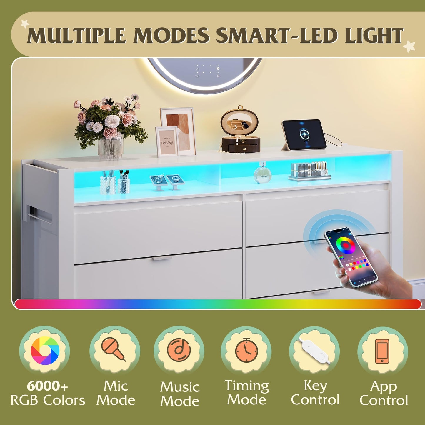 WLIVE 78 Inch Dresser for Bedroom, Large Chest of Drawers Expandable White Wood Dresser from 5'3" to 6'5'' with Flexible Shelves and Hanging Rack, Led Dressers for Living Room (85'' TV)