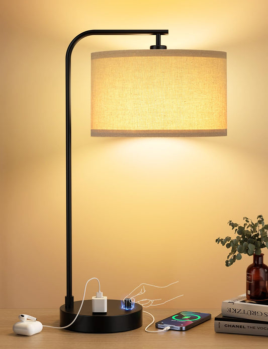 Tall Table Lamp with USB Port and Outlet, Dimmable Nightstand Bedside Lamps with Linen Lampshade, Desk Lamp for Bedroom, Living Room, Guest Room, Home Office, LED Bulb Included