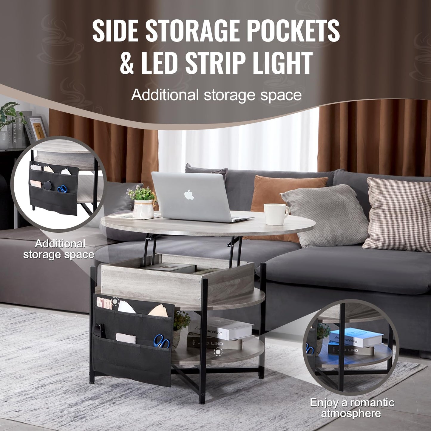 VEVOR Round Lift Top Coffee Table with LED Light, 35.43" Circle Coffee Table with Storage and Hidden Compartment, Farmhouse 2 Tier Large Dining Table for Living Room Reception Room, Wood, Gray