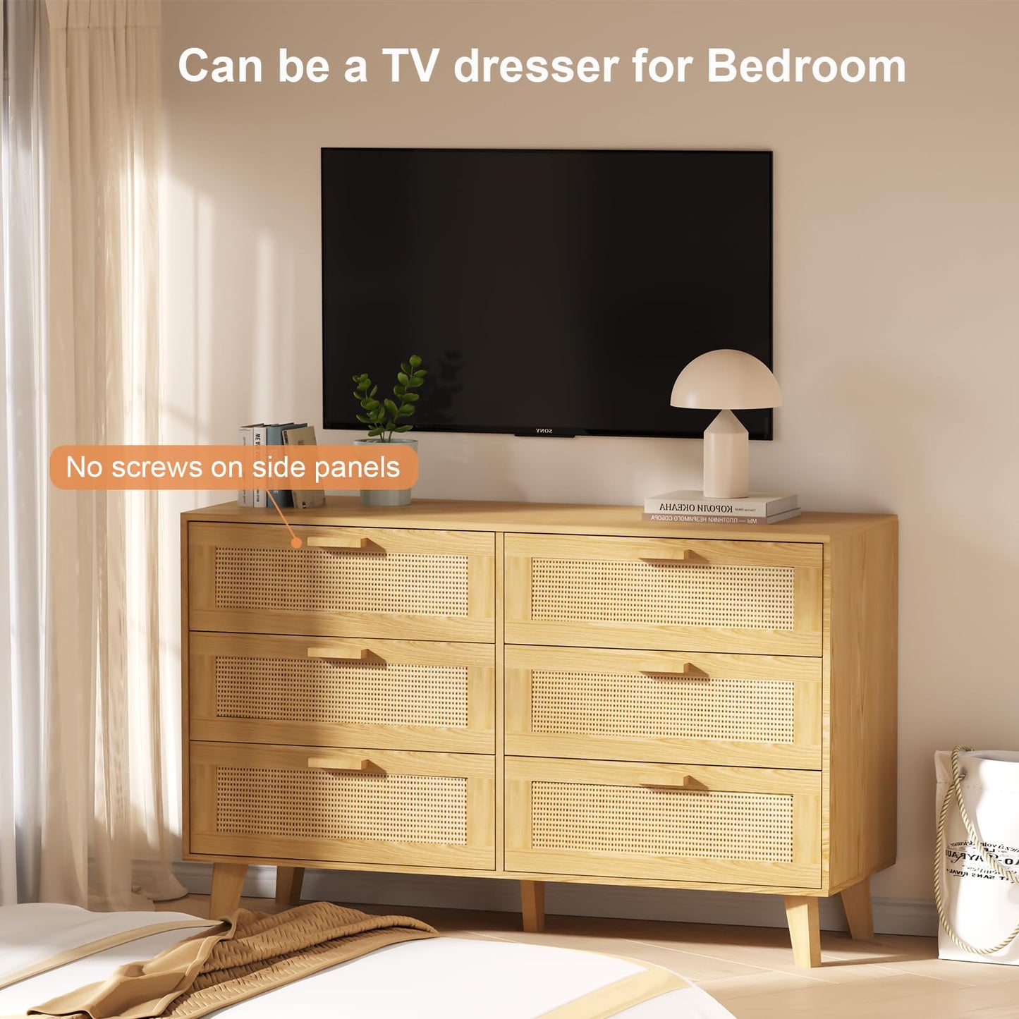 XDliv Wide Rattan Dresser, 6 Drawer Dressers Bedroom Furniture Large Storage Tower Unit, Wood Chest of Drawers for Bedroom, Closet,Hallway