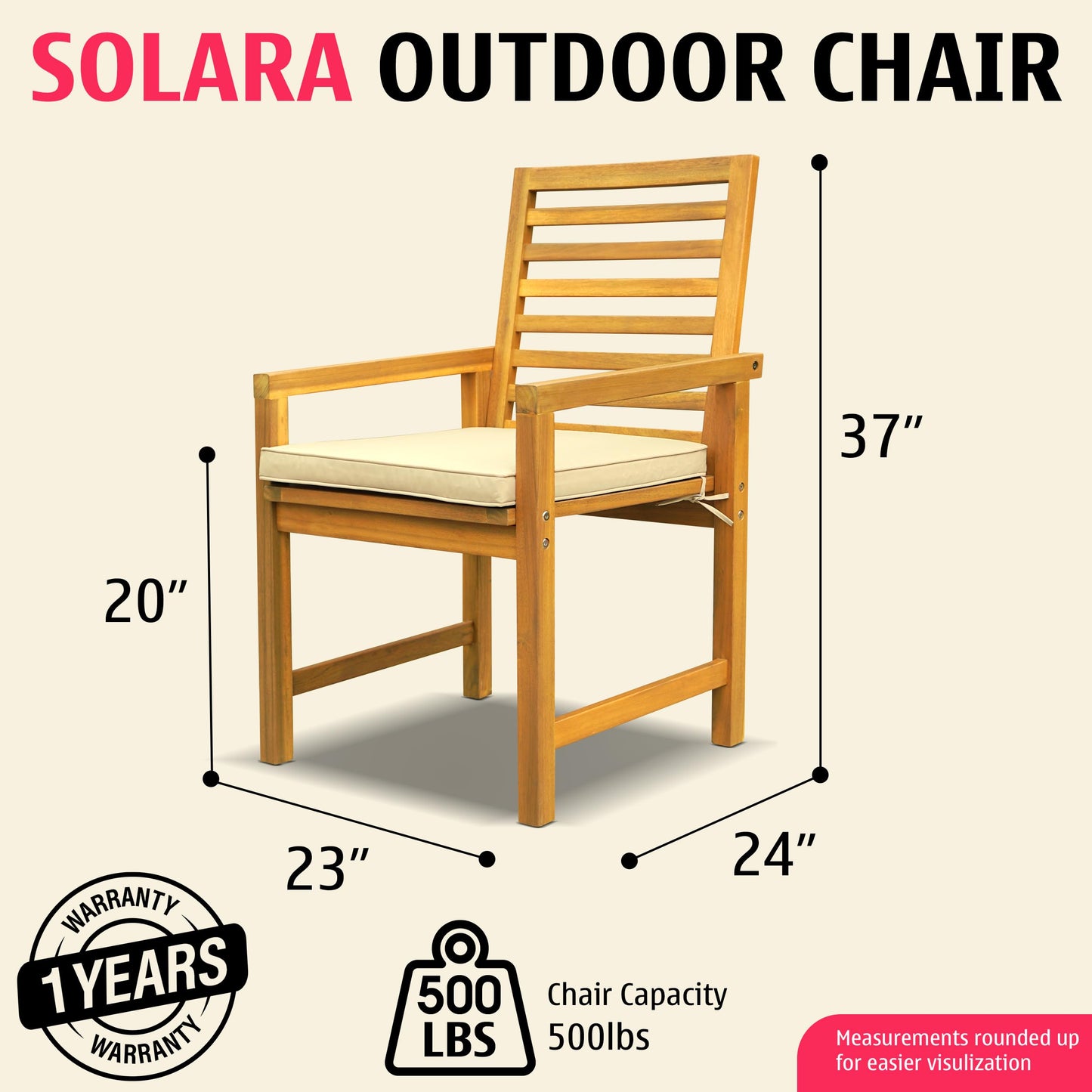 Tranquillo Solara Acacia Wood Outdoor Chairs Set of 2 with Cushions – Heavy-Duty 500lbs Capacity, Weather-Resistant Wooden Patio Armchairs, Solid Wood Garden & Deck Chairs for Outdoor Seating