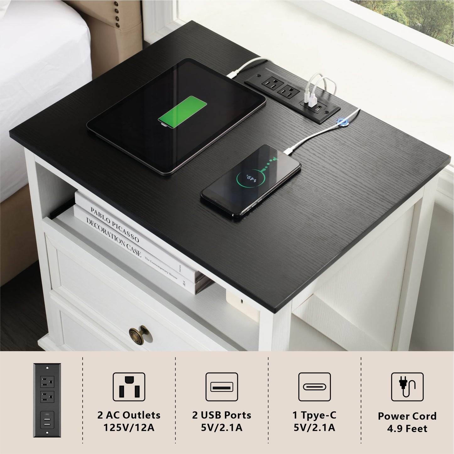 21" Farmhouse Nightstand with Charging Station,Classic American Style Bedside Table with 2 Drawers Storage,Pull-Out Tray,3-color LED lighting,End Table for Bedroom or Living Room,Bedside Cabinet,White