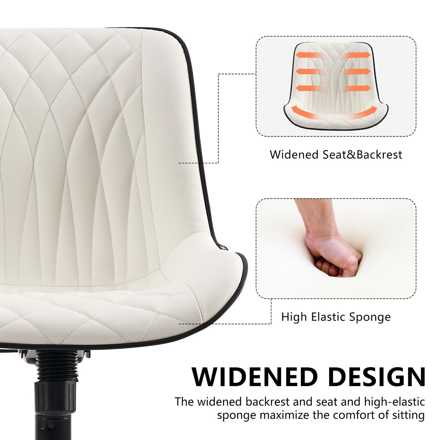 YOUNIKE White Ergonomic Home Office Desk Chair No Arms Comfy Small Criss Cross Chair with Wheels Swivel Adjustable Modern Vanity Chair with Back Armless Cute Leather Upholstered Rolling Task Chair