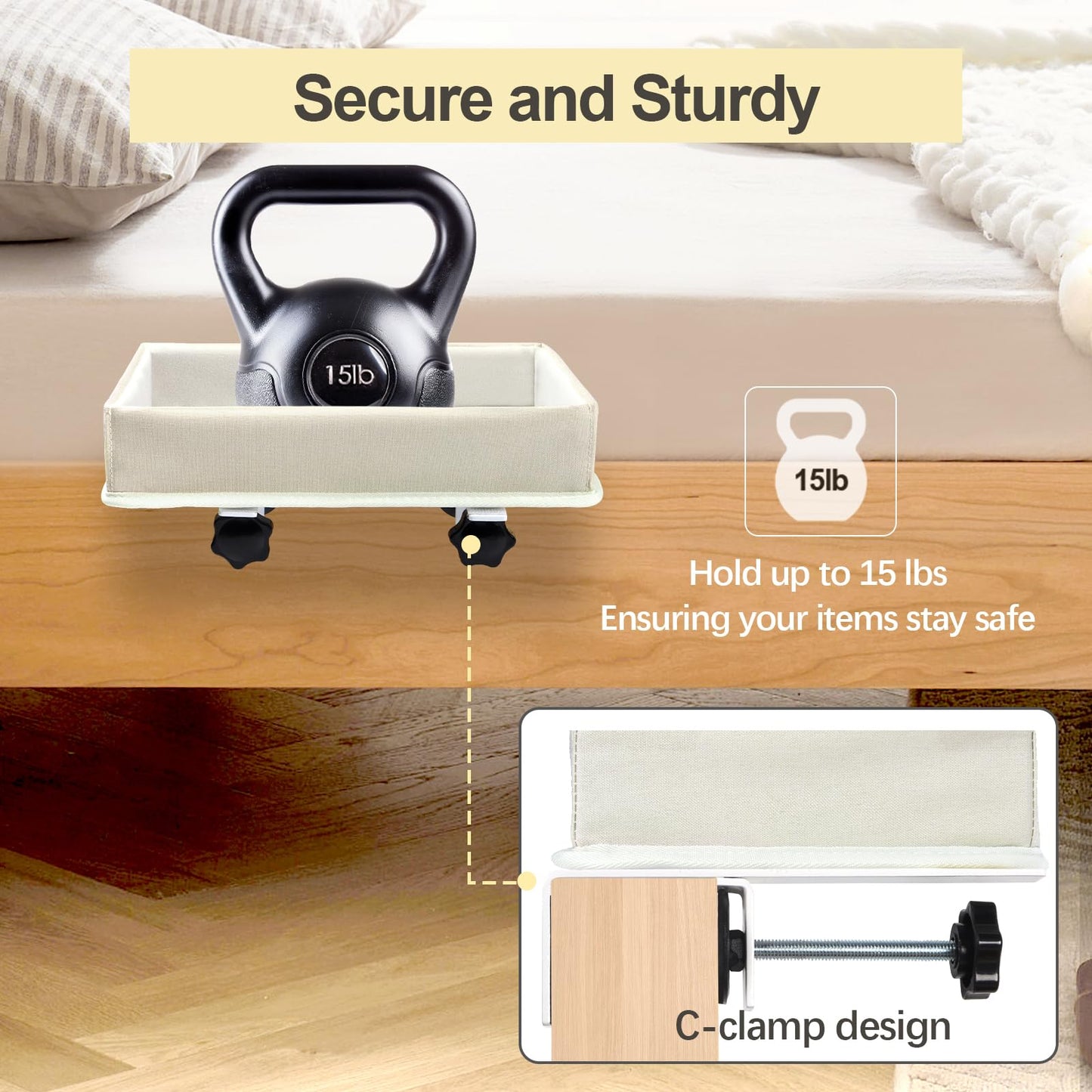WOMACO Bedside Shelf for Bunk/Loft Bed, College Dorm Room, Top Bunk Bed Side Tray, Clamp On Bedside Remote Control Storage Caddy Cup Holder (Beige, Medium)