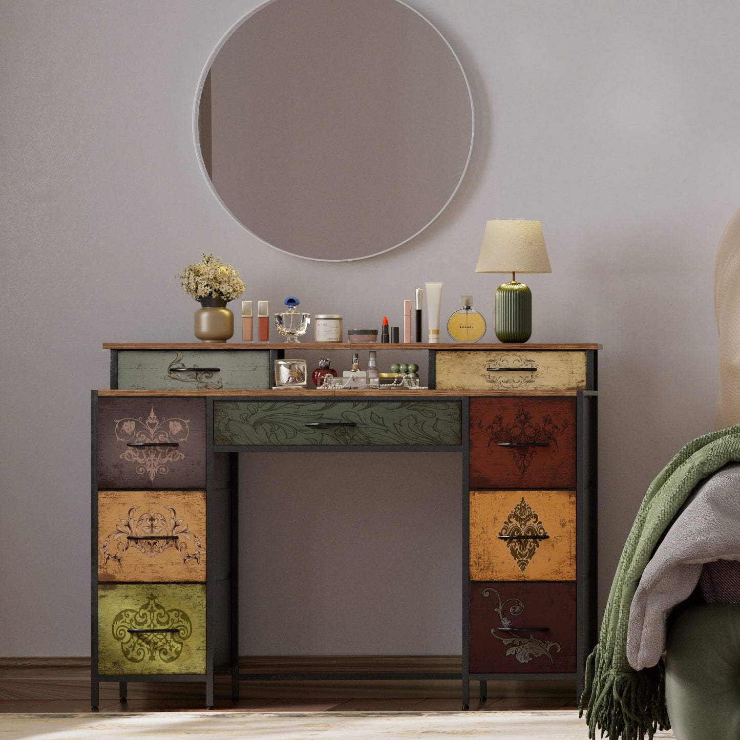 VASICAR Dresser for Bedroom with 9 Drawers & 2 Open Shelves, Fabric Storage Cabinet, Chest of Drawers, Long Dresser for Closet, Wooden Top & Metal Frame, Pattern