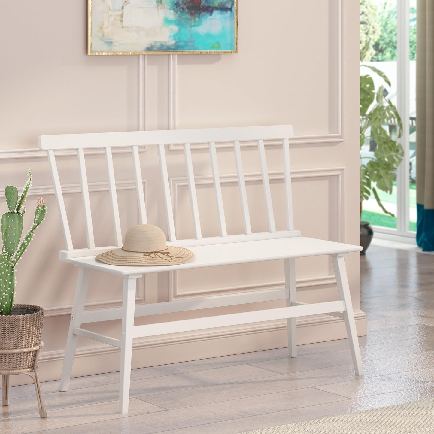 Wisuce Essentials Bamboo Dining Bench, Black Entryway Bench with Spindle Back Farmhouse Wood Windsor for Foyer Balcony Living Room (White)