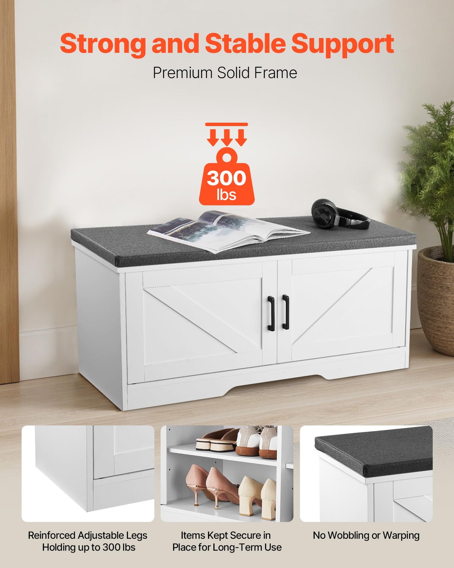 VEVOR Shoe Storage Bench with Padded Cushion & 2 Barn Doors, Entryway Bench 39.4 x 14.0 x 18.1 Inches, for Entryway, Hallway, Living Room, Bedroom