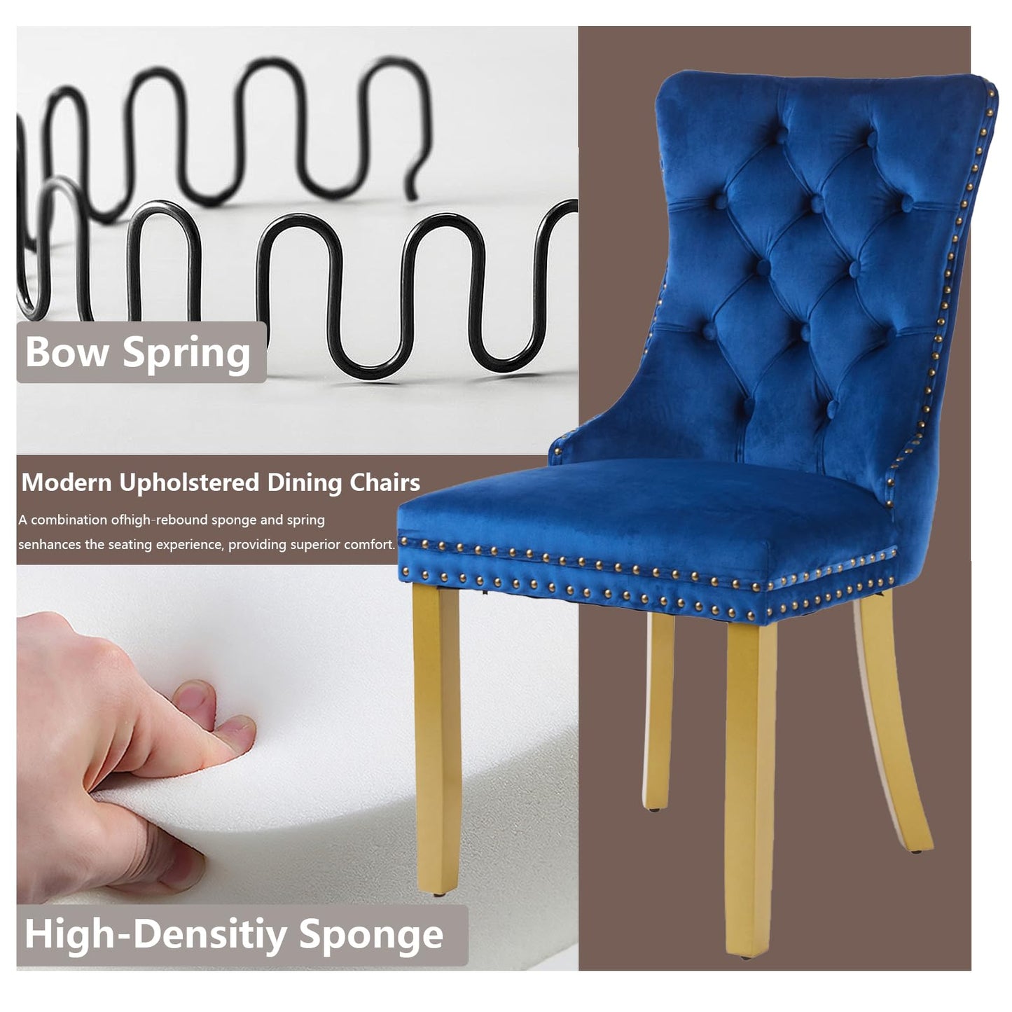 Velvet Dining Chairs Set of 4, Modern Tufted Dining Room Chair, Upholstered Dining Chairs with Lion Head Pulls Ring and Golden Solid Wood Legs, Luxury Kitchen Chairs for Dining Room, Blue