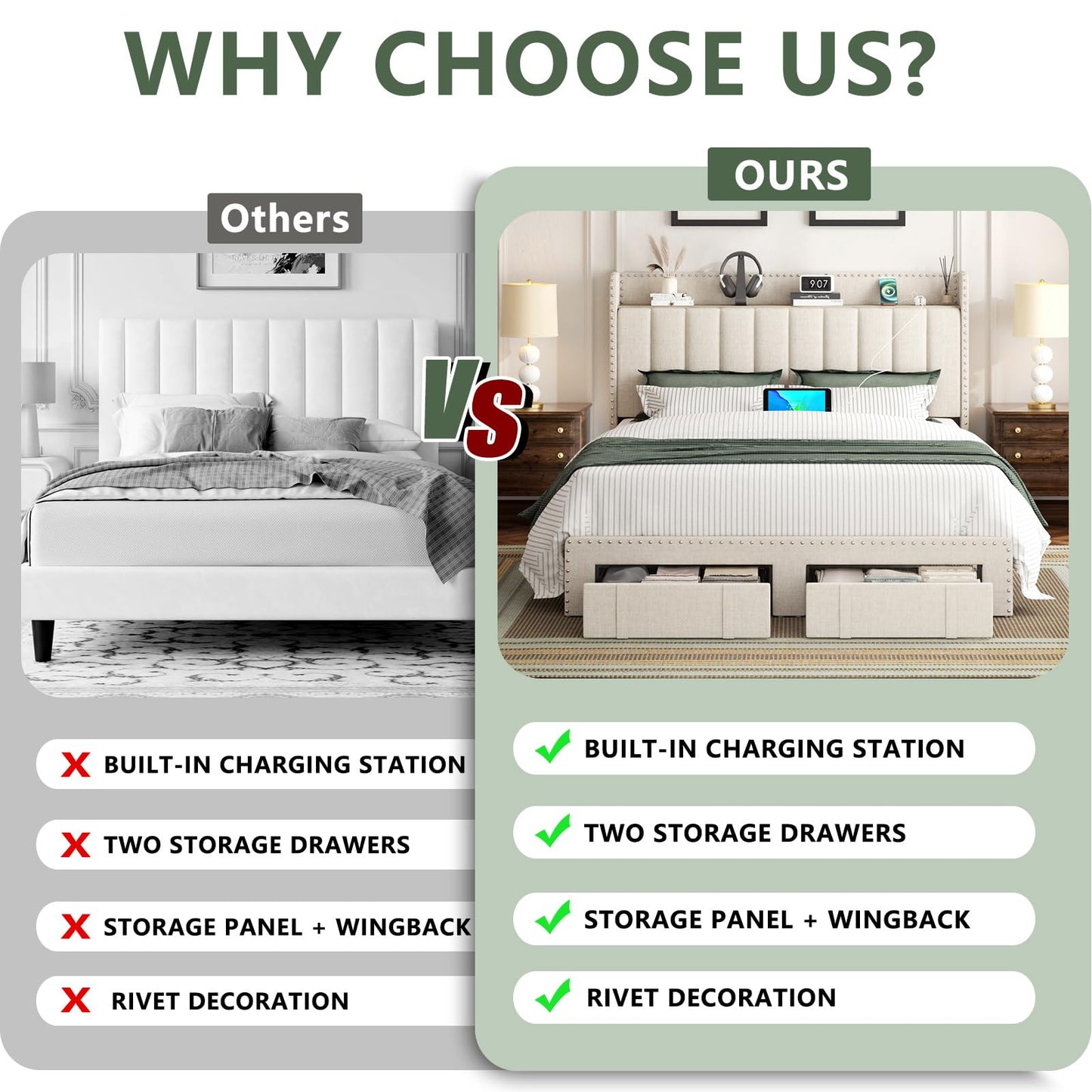 viplov Queen Bed Frame with Headboard and Storage, Platform Bed Frame with 2 Drawers, Upholstered Bed Frame with Storage, Built-in Charging Station, No Box Spring Needed, No-Noise, Beige