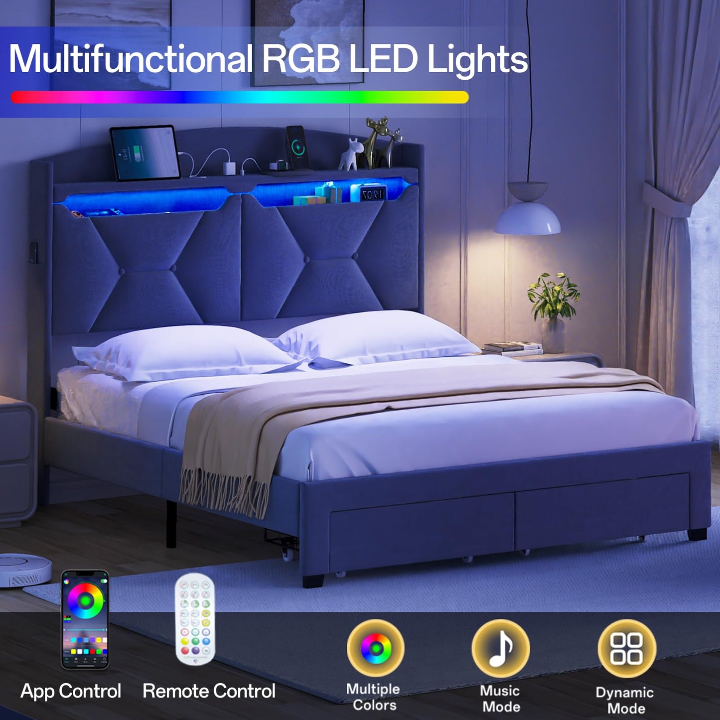 VINTLJUS Queen Size Bed Frame, Queen Bed Frame with Storage Drawers, Upholstered Bed Queen Size with Charging Station and LED Lights, Easy Assembly, Grey